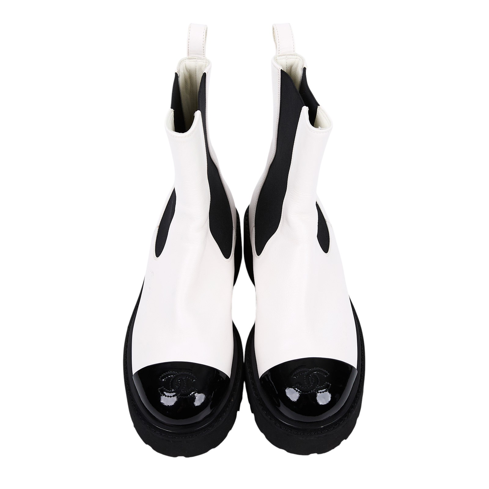 香奈兒 CHANEL Calfskin Cap Toe CC 短靴 G38218_375 白黑漆皮鞋頭靴 購買證明