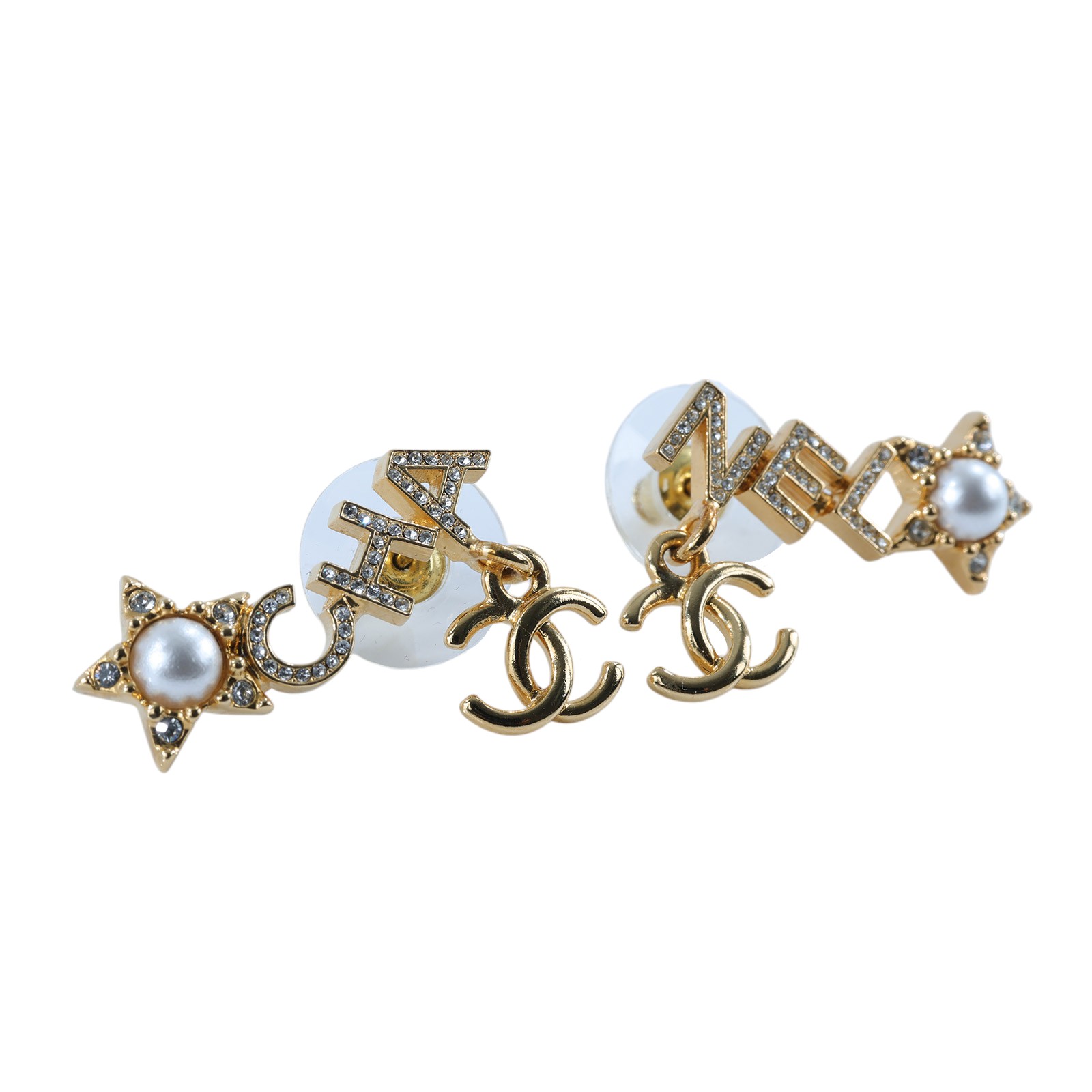 香奈兒 CHANEL 雙C logo 水鑽 星星 耳環 B25 P 淡金雙C粉水鑽星星耳環 原廠盒子