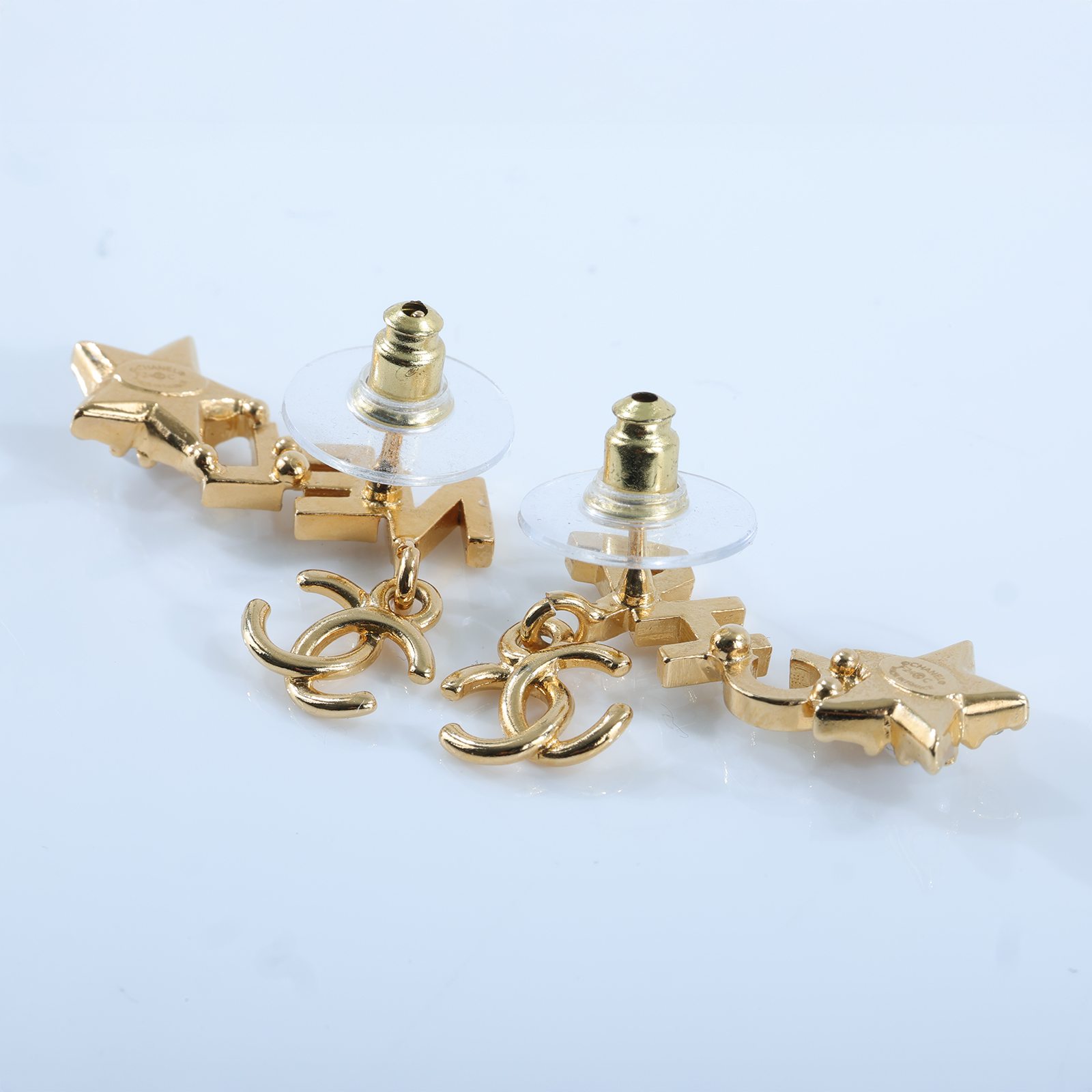 香奈兒 CHANEL 雙C logo 水鑽 星星 耳環 B25 P 淡金雙C粉水鑽星星耳環 原廠盒子