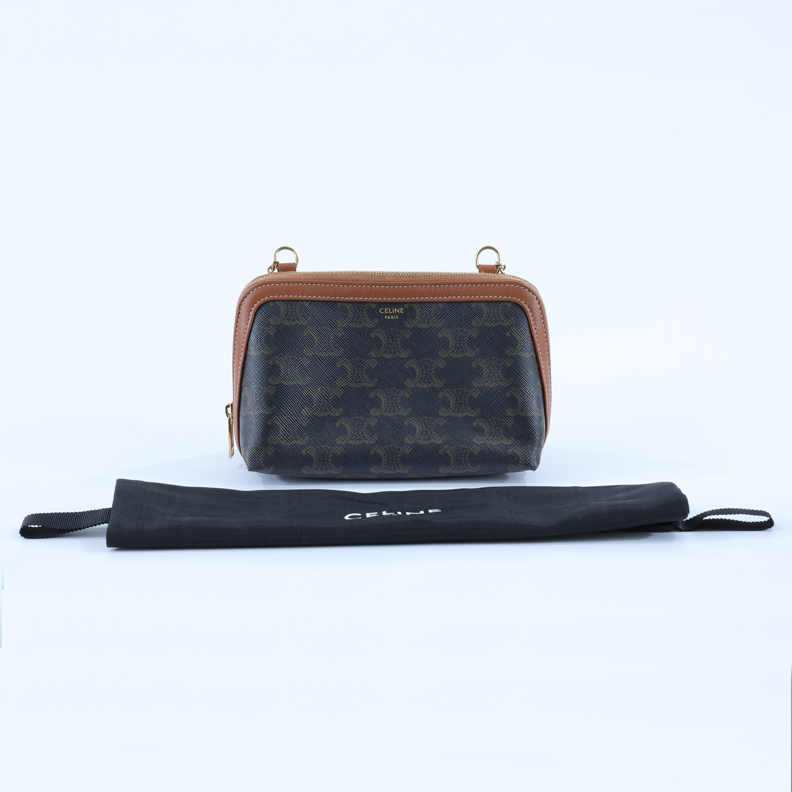 思琳 CELINE 標誌印花飾鍊 手提包 10E382CBX 原花TRIOMPHE黃褐色貝殼包 防塵袋