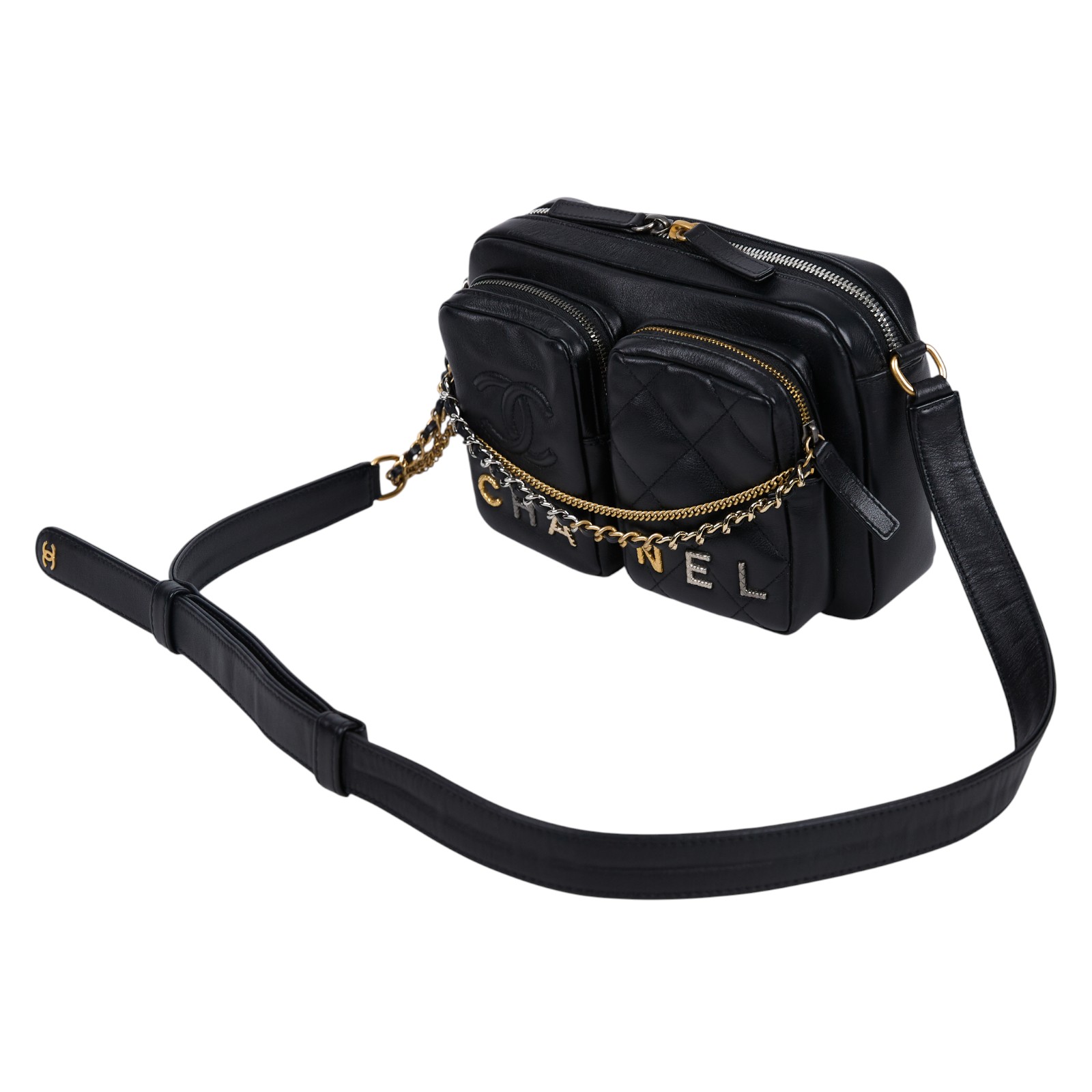 香奈兒 CHANEL 雙口袋 相機包 拉鍊 斜背包 AS2923 晶片款 黑羊炸藥包 原廠盒子/防塵袋