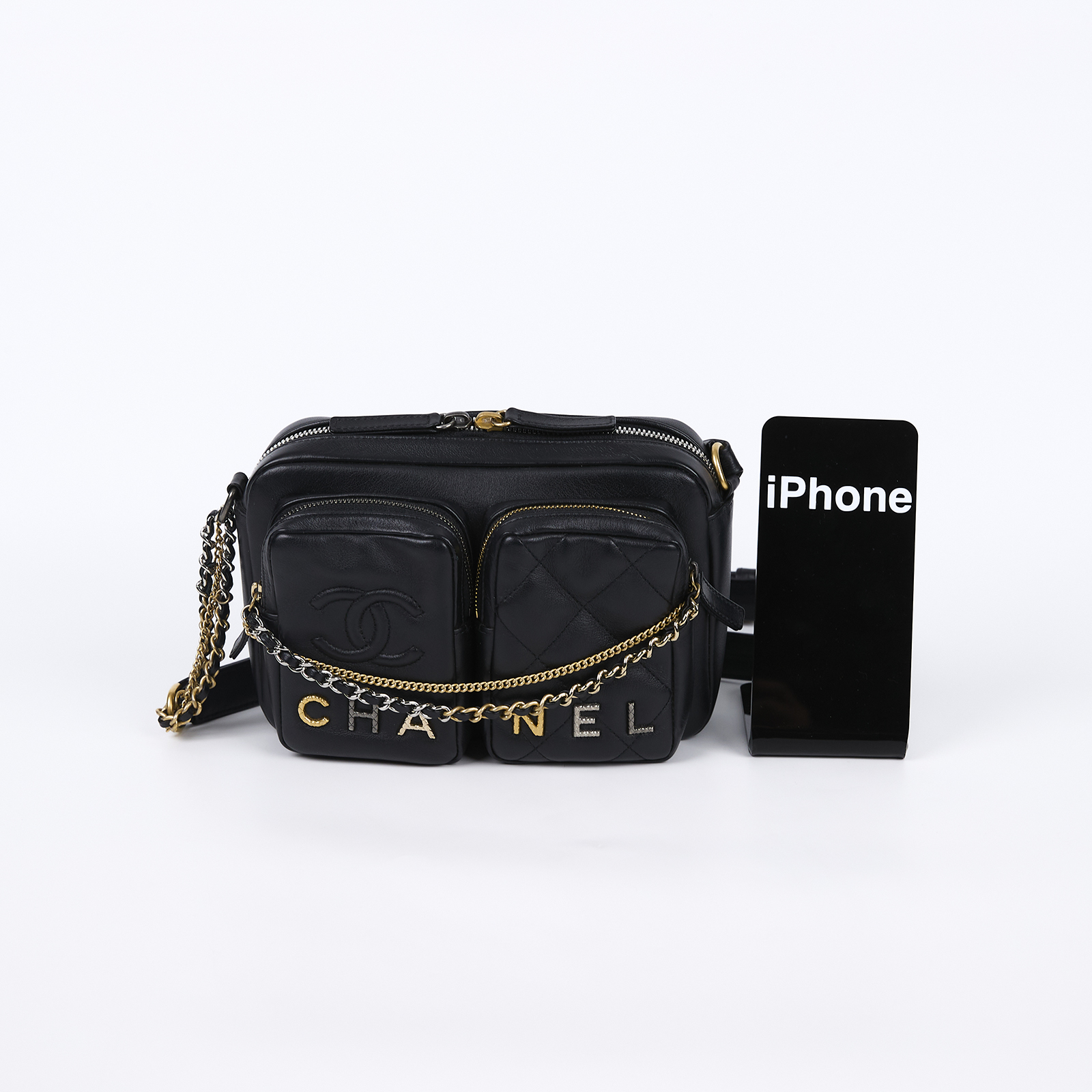 香奈兒 CHANEL 雙口袋 相機包 拉鍊 斜背包 AS2923 晶片款 黑羊炸藥包 原廠盒子/防塵袋