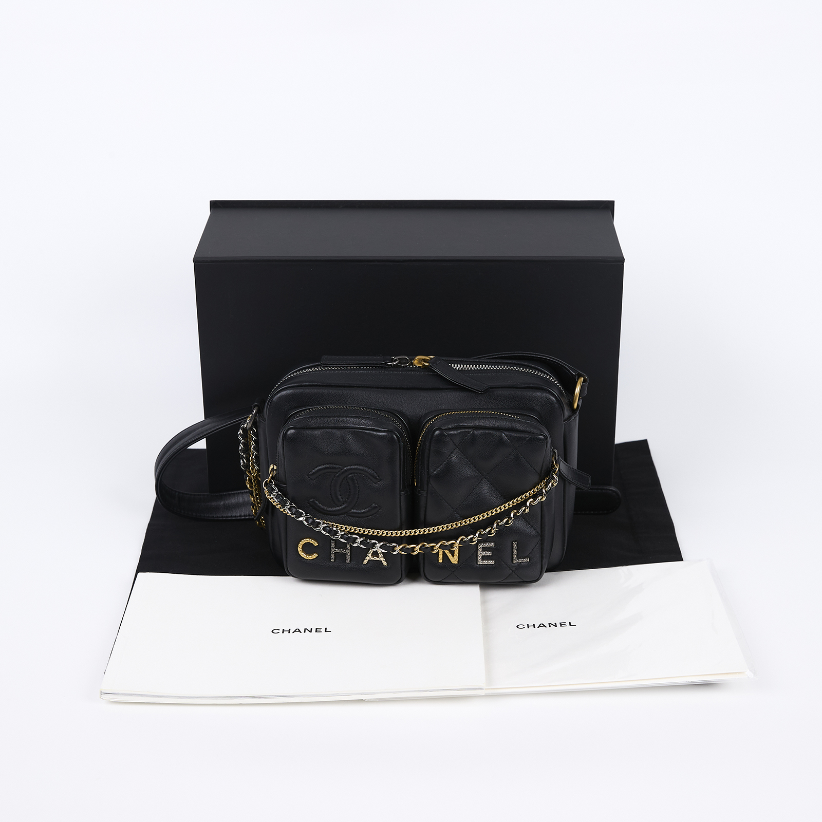 香奈兒 CHANEL 雙口袋 相機包 拉鍊 斜背包 AS2923 晶片款 黑羊炸藥包 原廠盒子/防塵袋