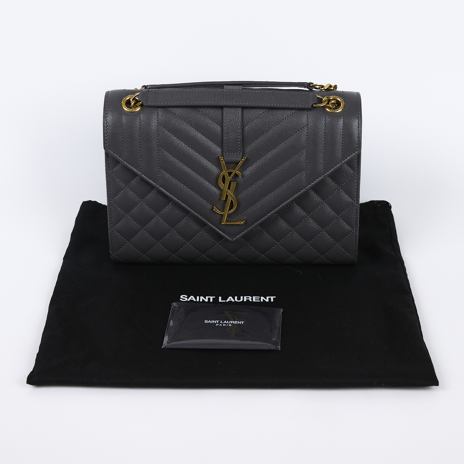 聖羅蘭 YSL SAINT LAURENT Envelope 粒面絎縫皮革 中型 信封袋 金色五金 600185BOW91  防塵袋