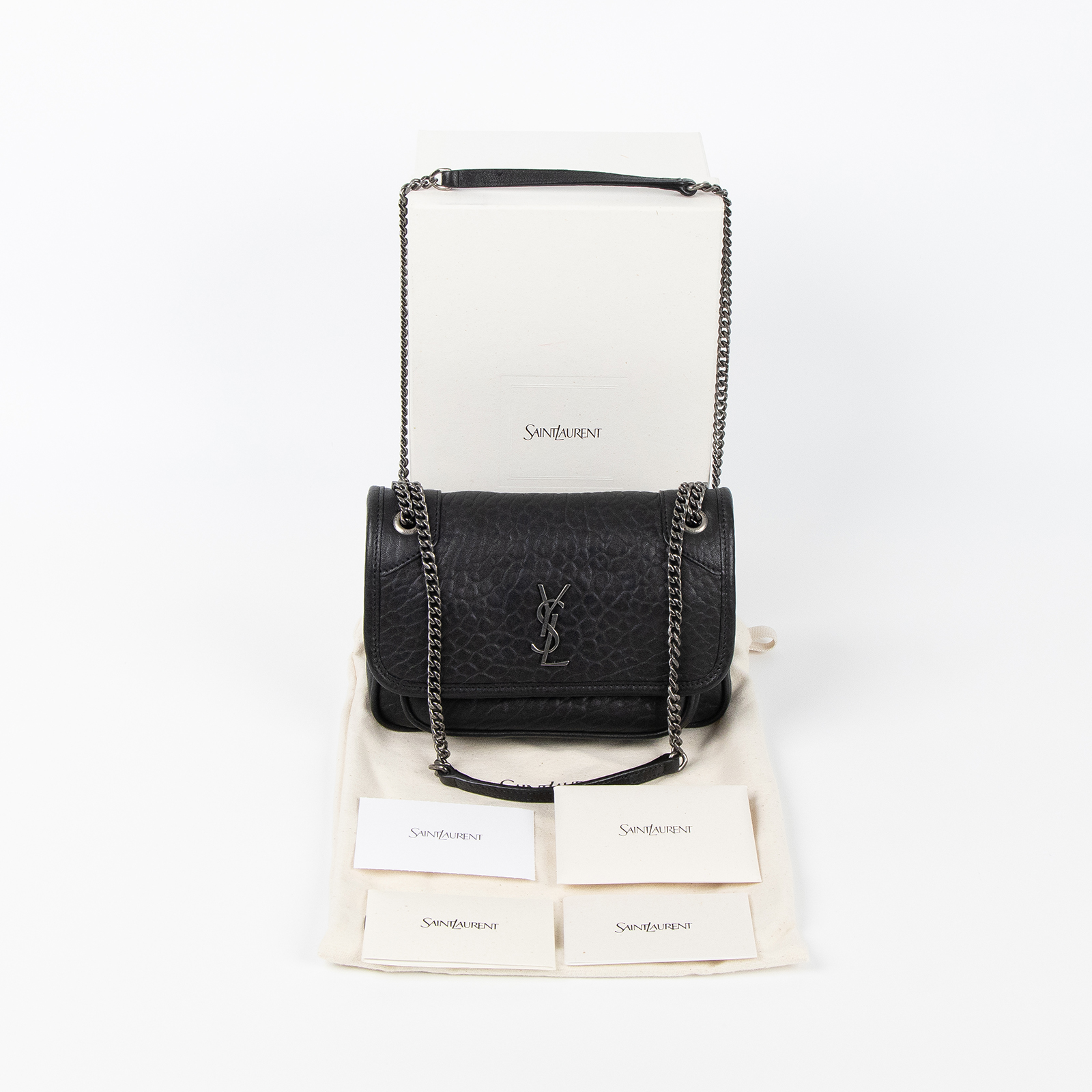 聖羅蘭 YSL SAINT LAURENT Niki 粒面小羊皮 迷你手袋 銀色五金 828736AACIA 黑銀粒面小羊皮NIKI MINI 原廠盒子/防塵袋