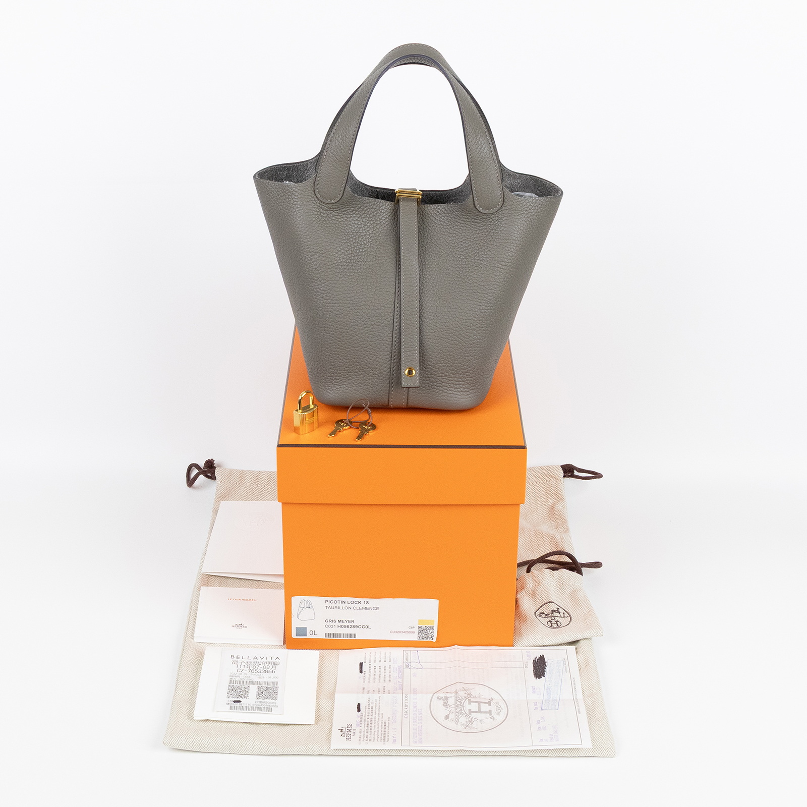 愛馬仕 Hermes Picotin Lock 18 菜籃子包 金色五金 積雨雲灰色 H056289CC0L /U FM 002 PM  原廠盒子/防塵袋/購買證明/鎖組