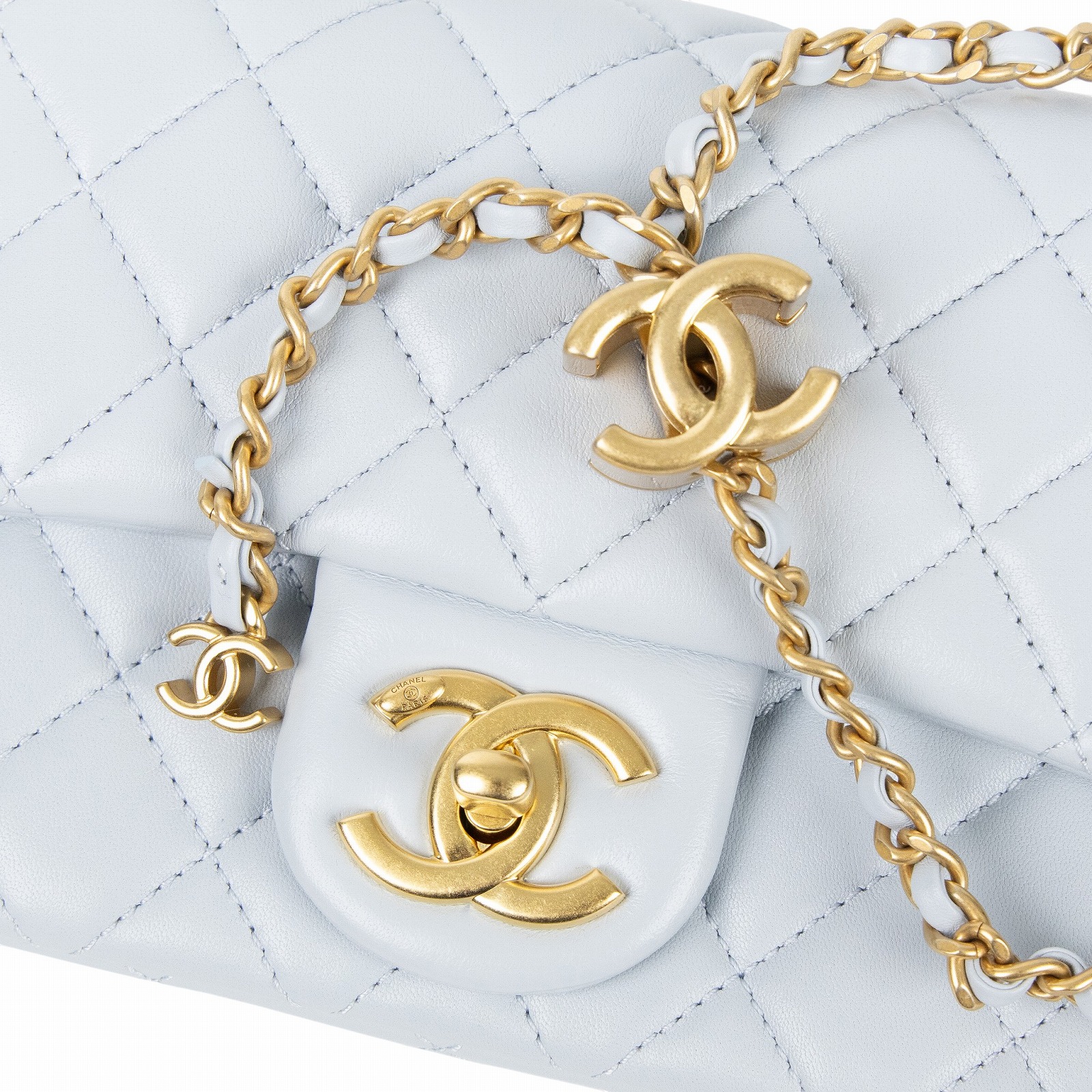 香奈兒 CHANEL CF 方形 迷你 口蓋包  晶片款 淺灰藍雙C調節扣COCO17方胖 原廠盒子/防塵袋