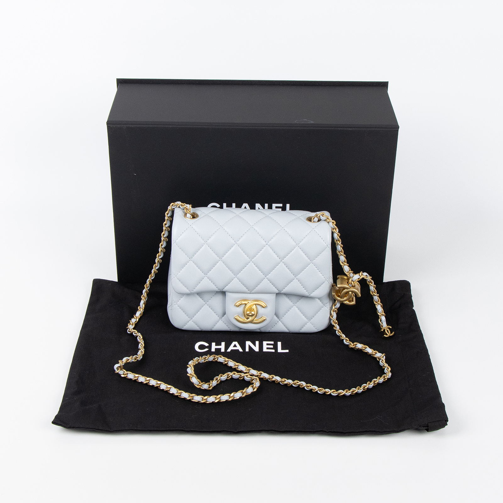 香奈兒 CHANEL CF 方形 迷你 口蓋包  晶片款 淺灰藍雙C調節扣COCO17方胖 原廠盒子/防塵袋