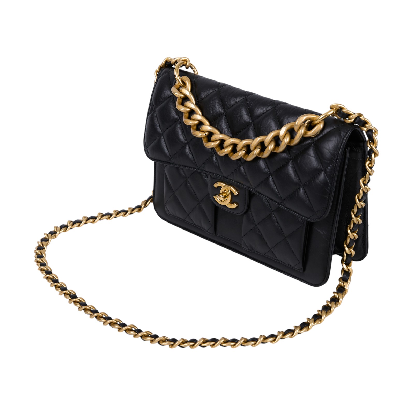 香奈兒 CHANEL 郵差包 翻蓋包  晶片款 黑金羊翻蓋2WAY 原廠盒子/防塵袋