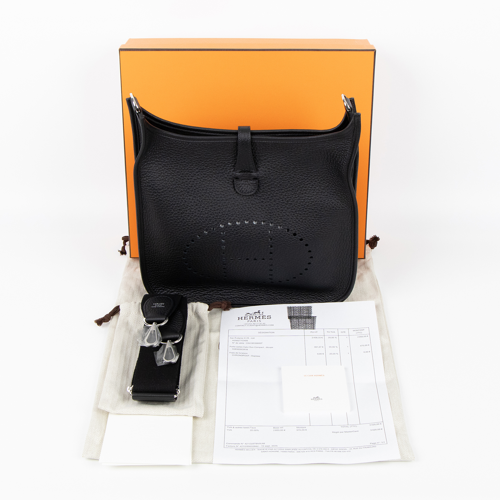 愛馬仕 Hermes Evelyne Bag 伊芙琳包 29 馬蹄型 銀色五金 黑色 H056277CK89 /  原廠盒子/防塵袋/購買證明影本