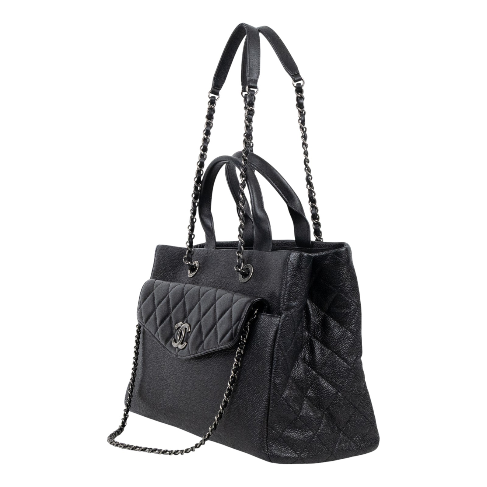 香奈兒 CHANEL CC Logo 菱格 肩背 托特包  22開黑荔枝TOTE 2WAY 保證卡