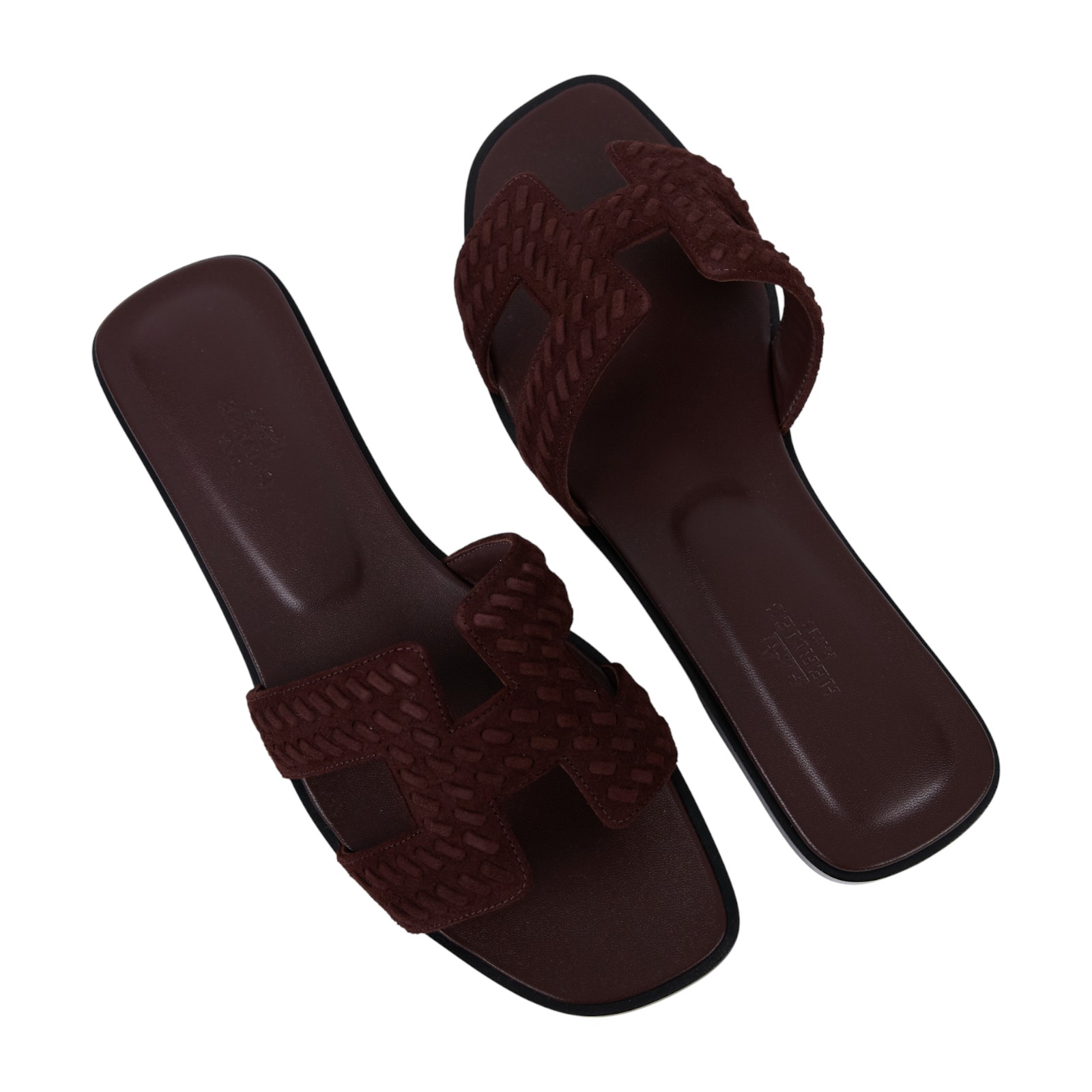 愛馬仕 Hermes Oran 涼鞋 朱紅色 H252179ZvD0385 /PE3.252179Z2505 麂皮深棕編織H拖鞋 原廠盒子/防塵袋