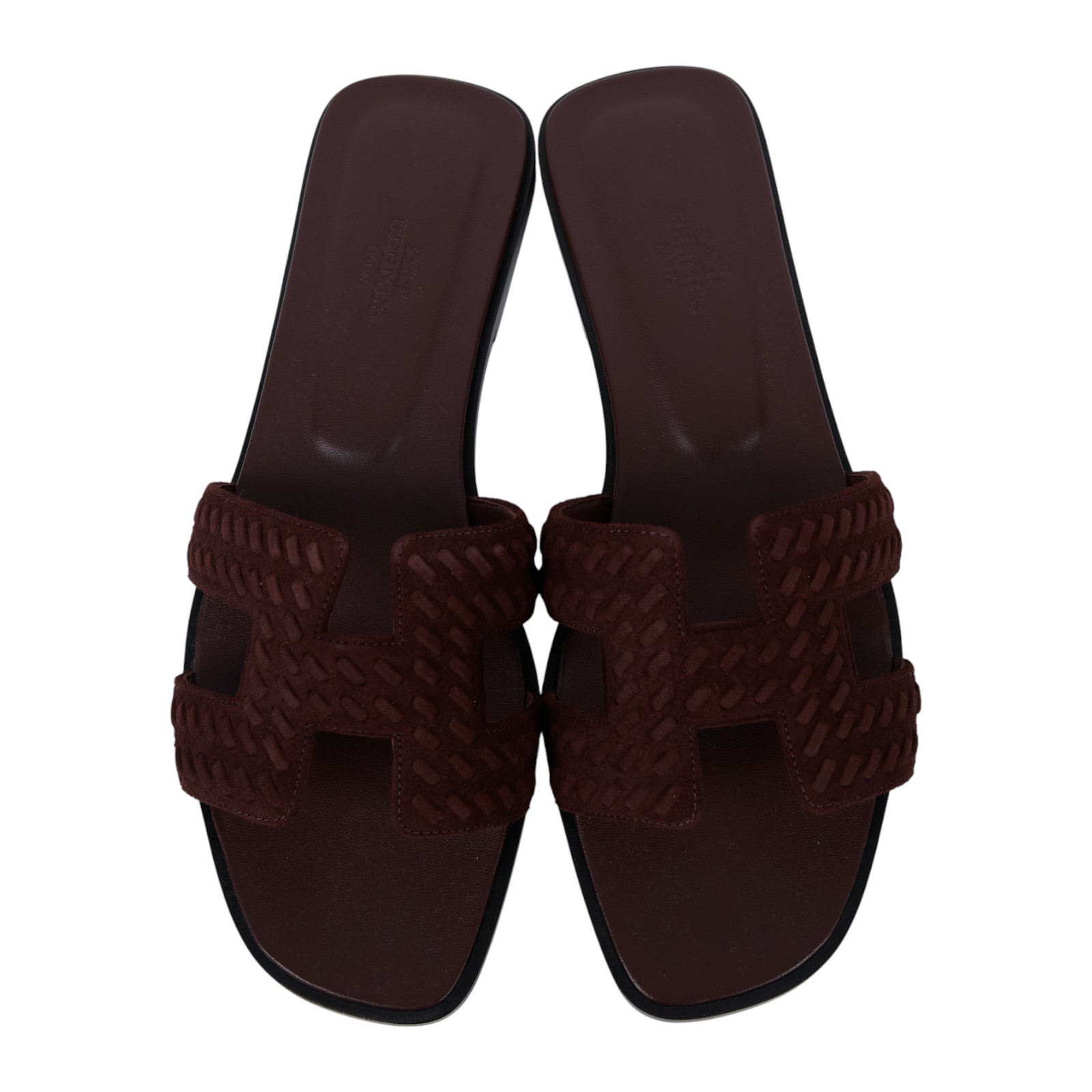 愛馬仕 Hermes Oran 涼鞋 朱紅色 H252179ZvD0385 /PE3.252179Z2505 麂皮深棕編織H拖鞋 原廠盒子/防塵袋