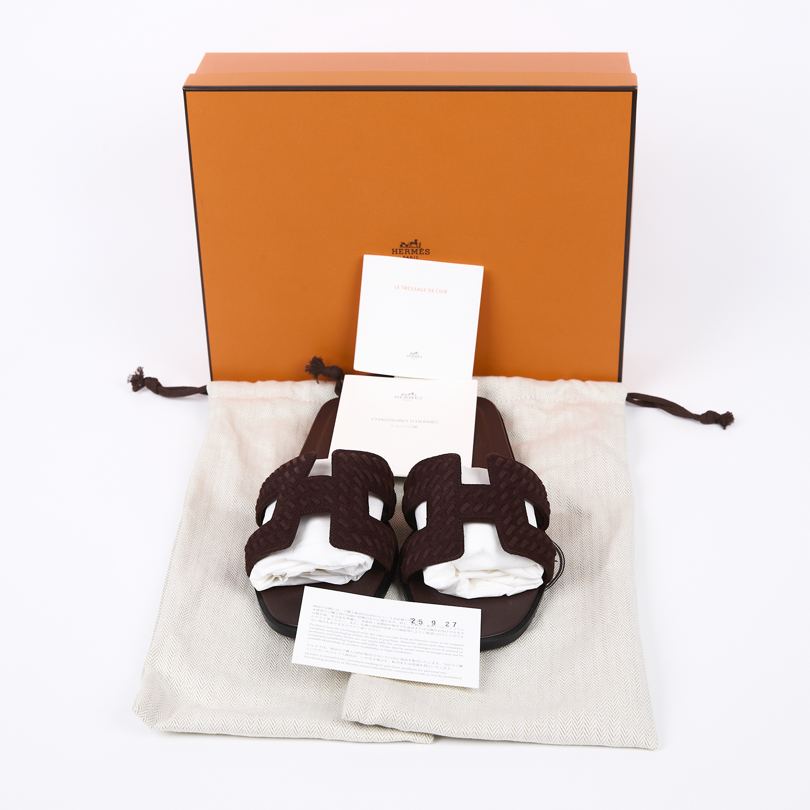 愛馬仕 Hermes Oran 涼鞋 朱紅色 H252179ZvD0385 /PE3.252179Z2505 麂皮深棕編織H拖鞋 原廠盒子/防塵袋