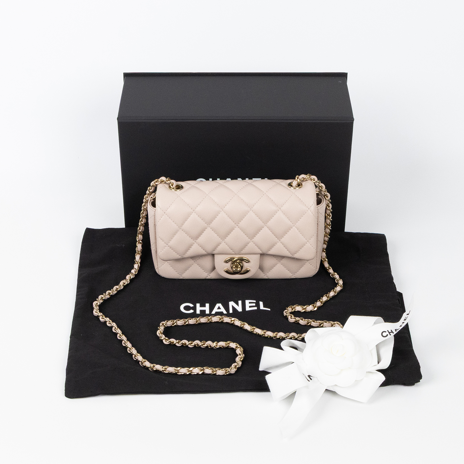 香奈兒 CHANEL Mini CF 口蓋包 斜背包 AS5219 晶片款 淡金粉羊皮掀蓋18CM 原廠盒子/防塵袋