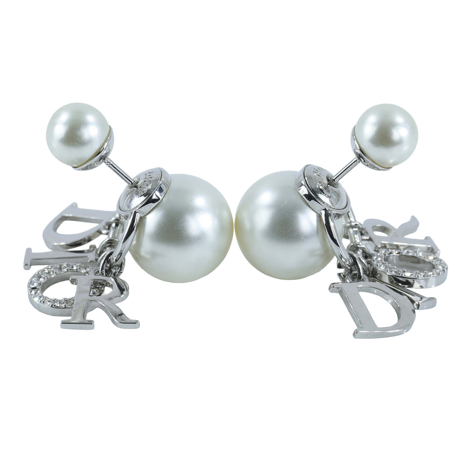 迪奧 CHRISTIAN DIOR Tribales 耳釘 E1411TRICY 珍珠水鑽LOGO吊墜耳環 原廠盒子/防塵袋