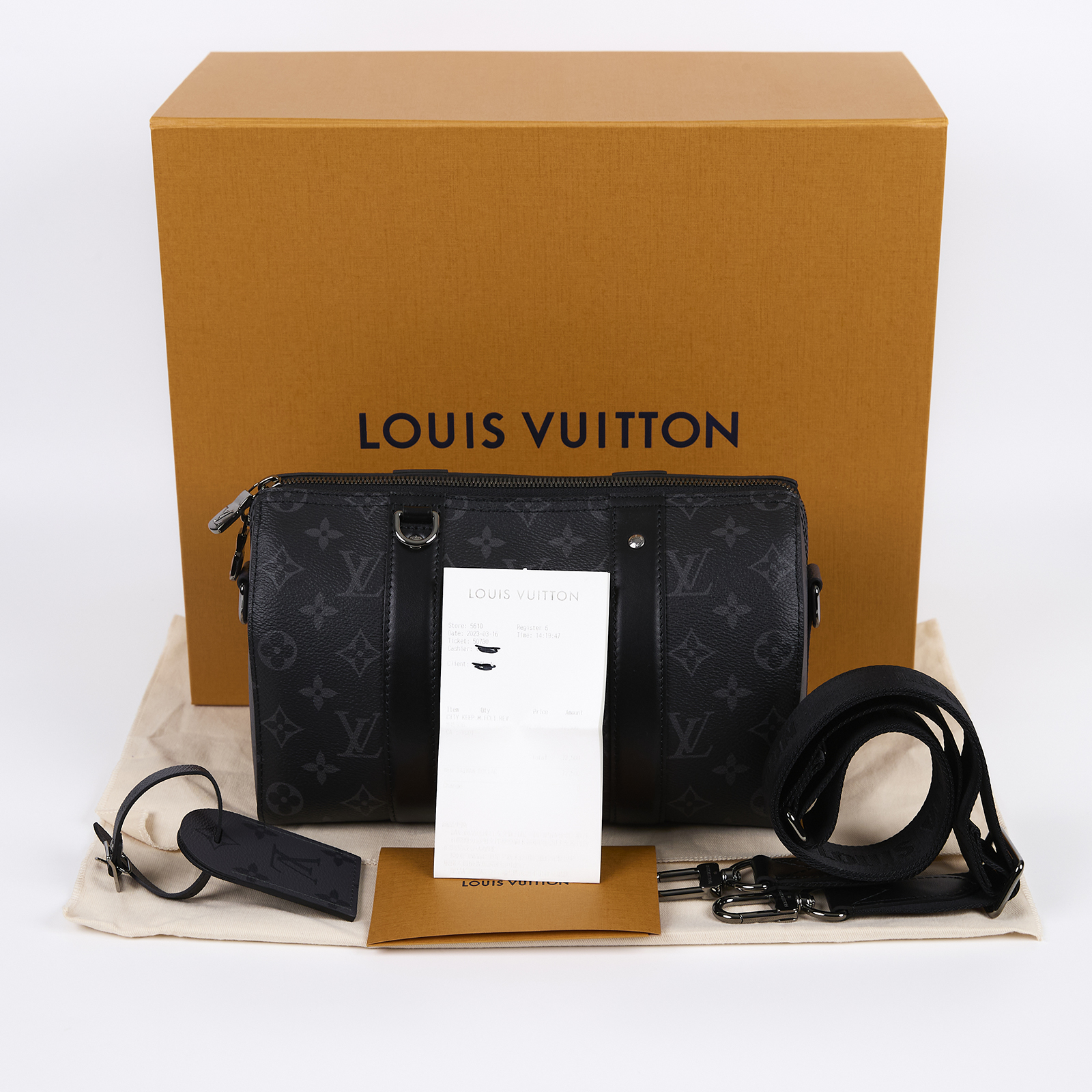 路易威登 LOUIS VUITTON City Keepall Eclipse帆布 拉鍊 斜背包 黑色 M45936 晶片款  原廠盒子/防塵袋/購買證明