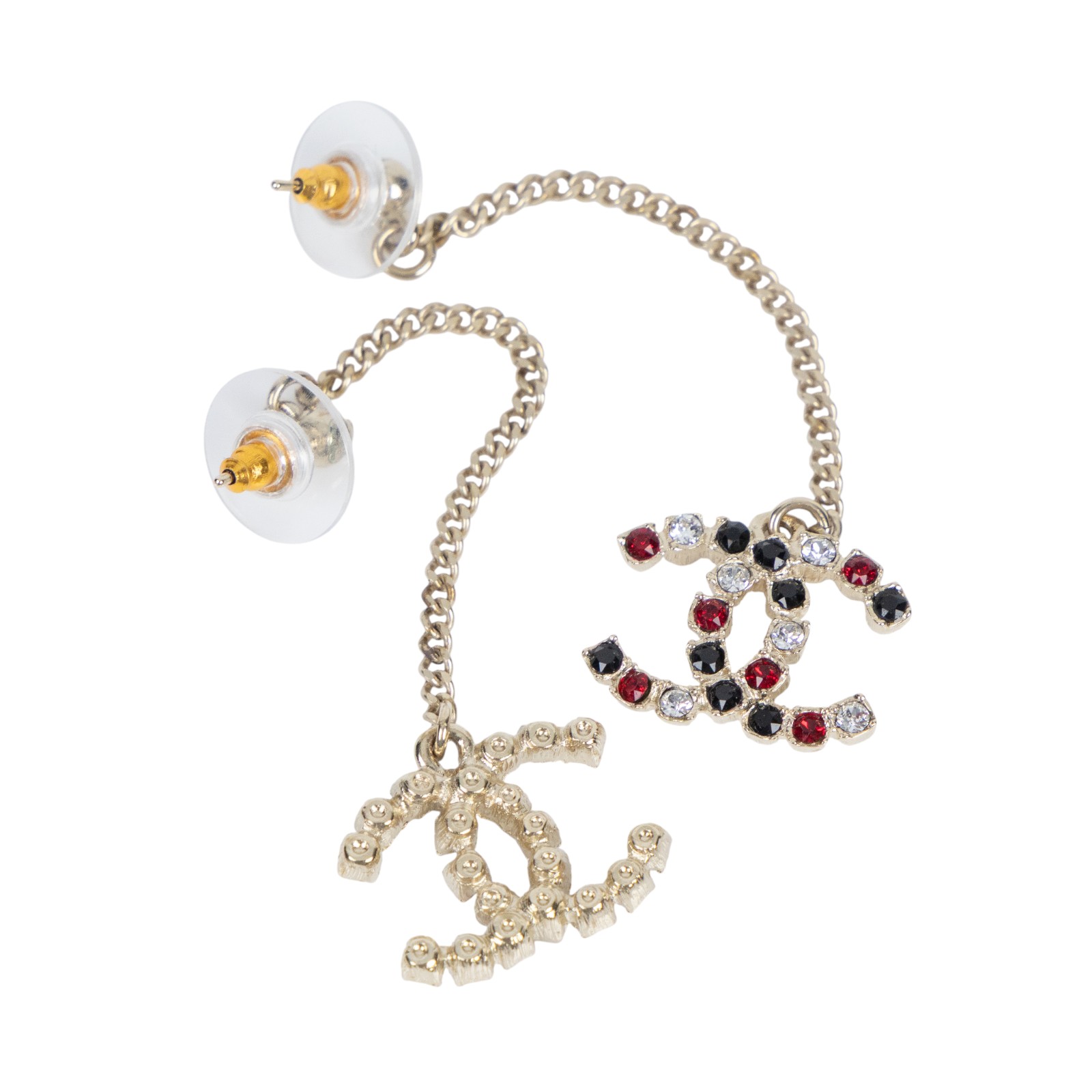 香奈兒 CHANEL CC LOGO 耳環 耳釘 A19A 紅黑水鑽垂墜耳環 原廠盒子/內襯