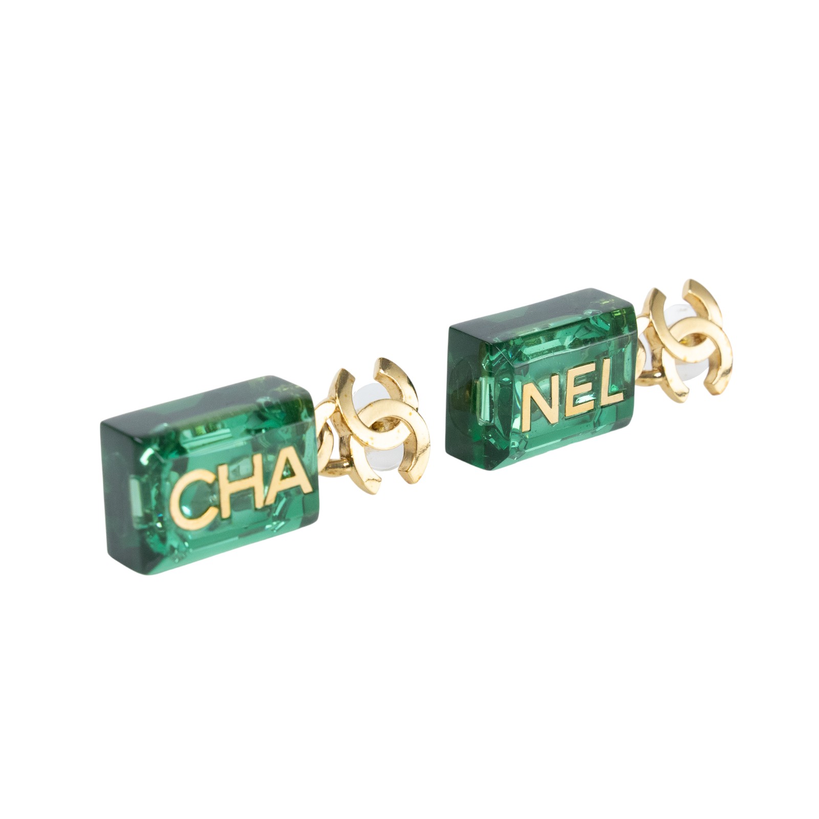 香奈兒 CHANEL CC LOGO 耳環 耳釘 P23 P 綠方塊金LOGO耳環 內襯