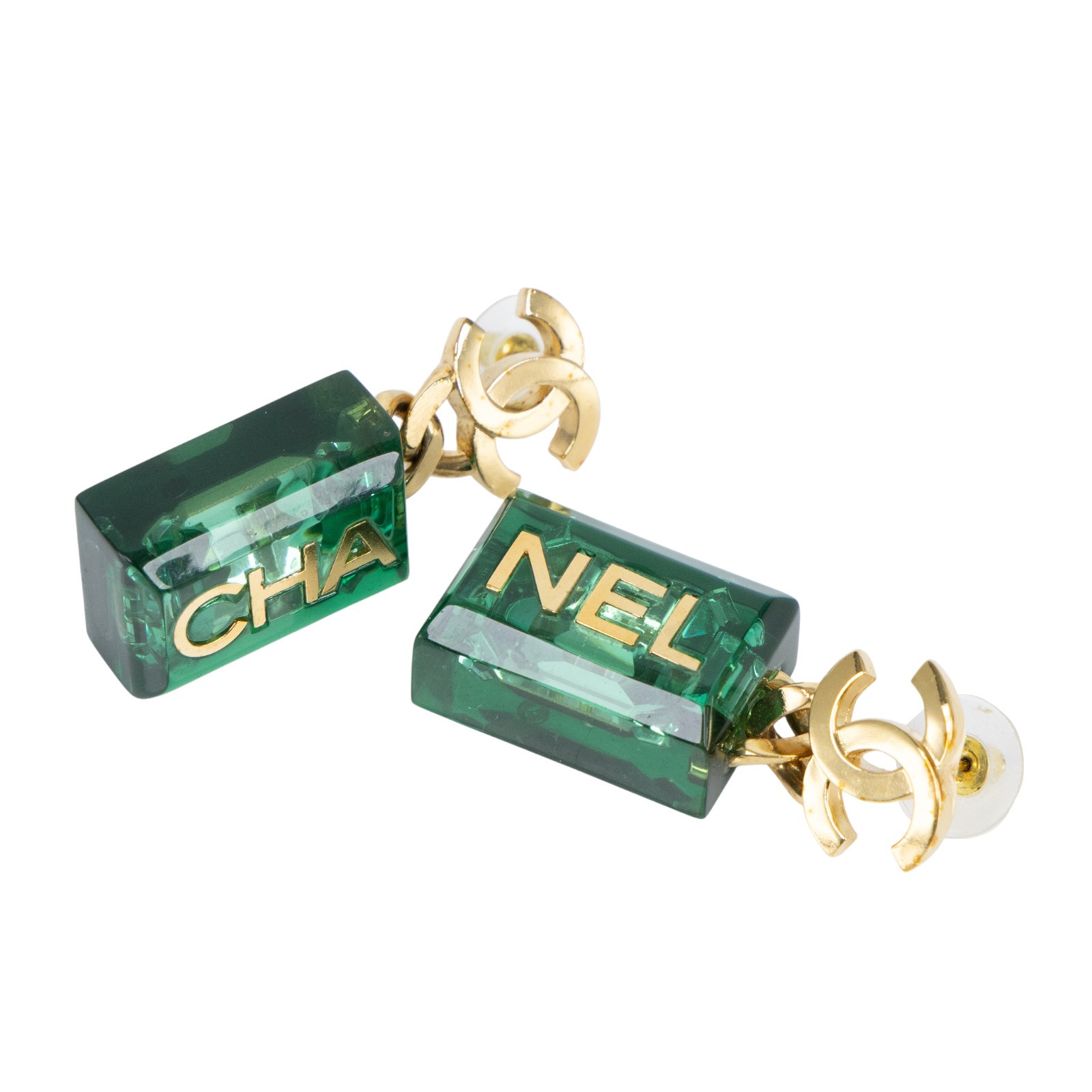 香奈兒 CHANEL CC LOGO 耳環 耳釘 P23 P 綠方塊金LOGO耳環 內襯