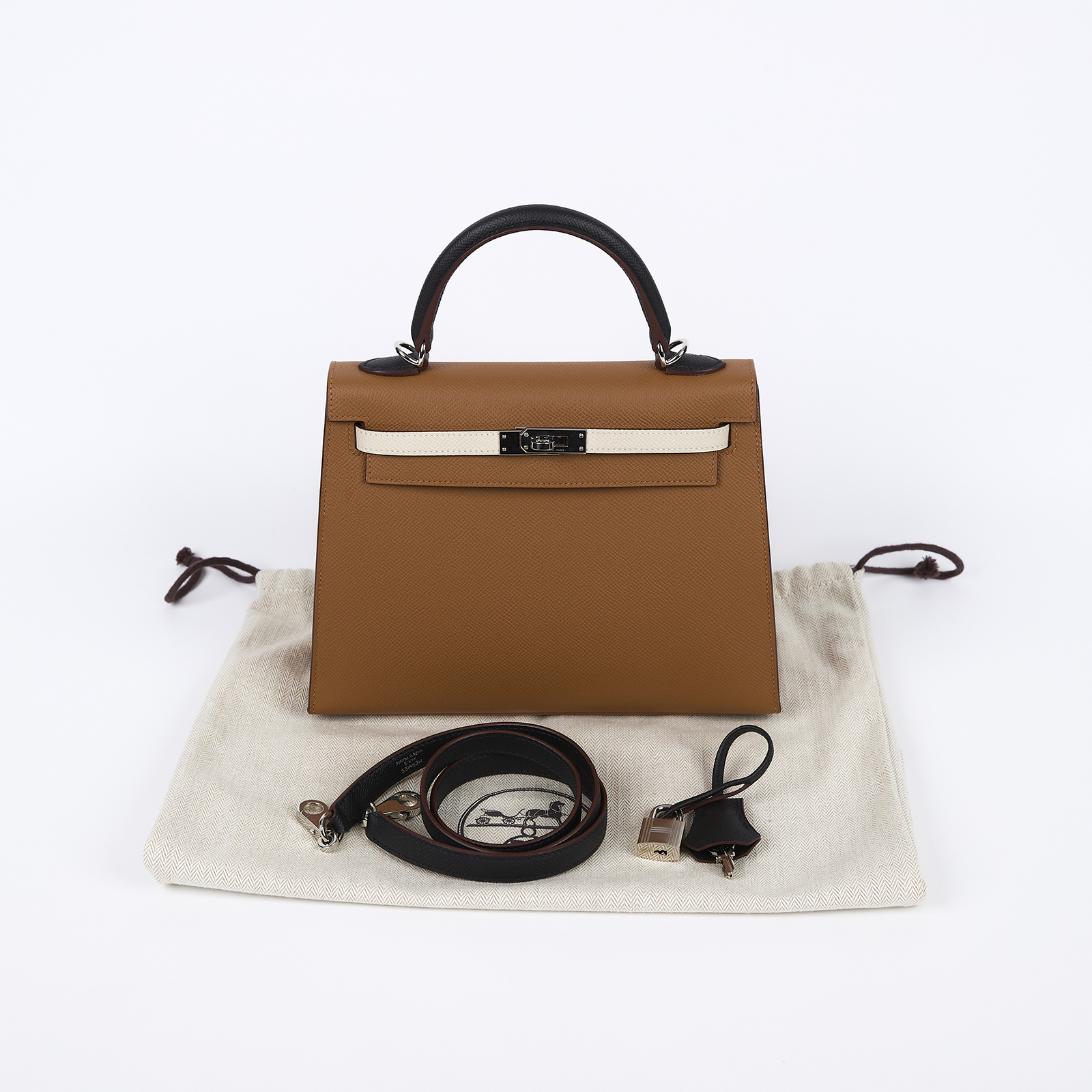 愛馬仕 Hermes Kelly Bag 凱莉包 25 KL25 B刻 金棕銀扣拚色KELLY 25 B刻 防塵袋/鎖組/背帶