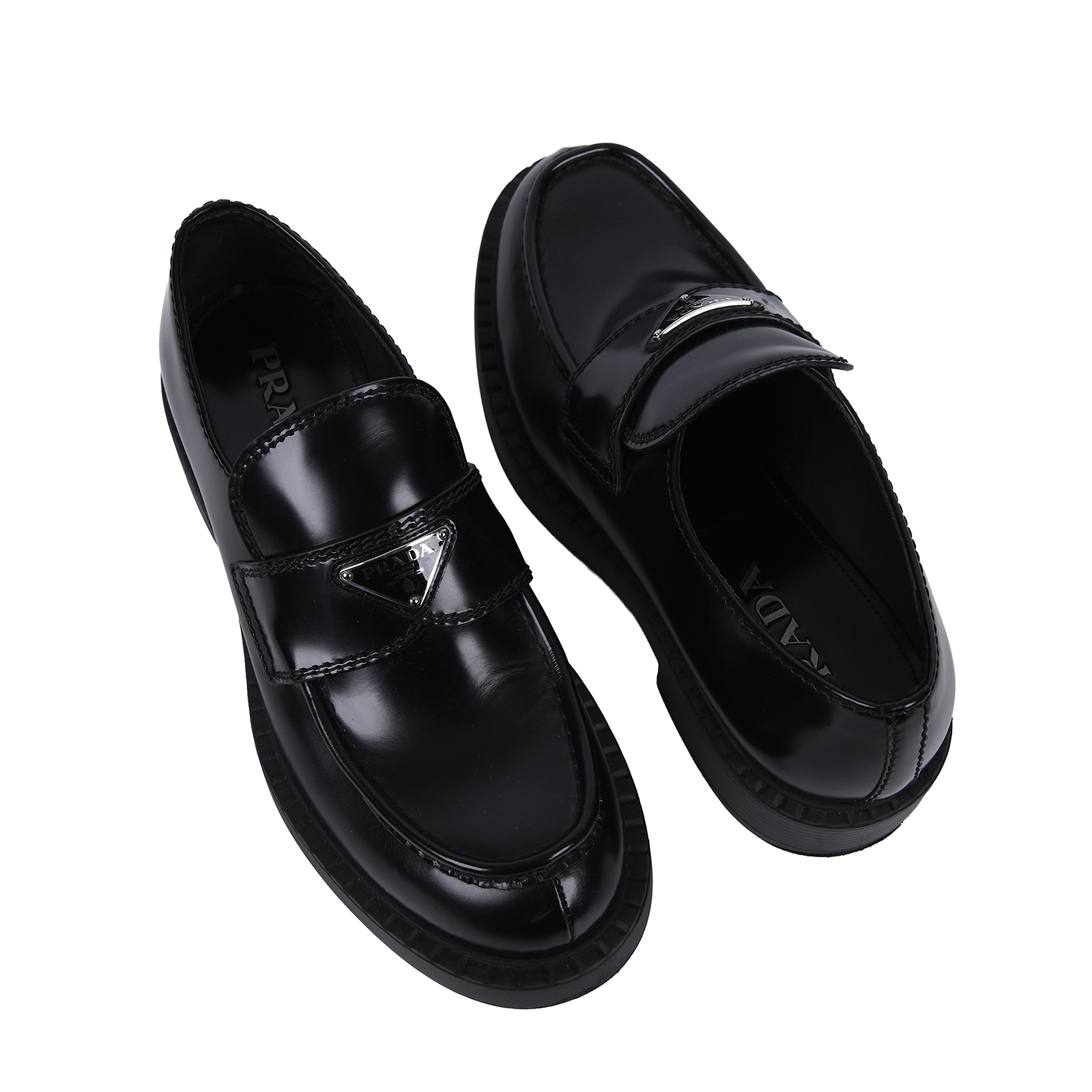 普拉達 PRADA Chocolate 拋光皮革 無帶便鞋 2DE127_055_425 黑LOGO鐵牌厚底樂福鞋 原廠盒子防塵袋