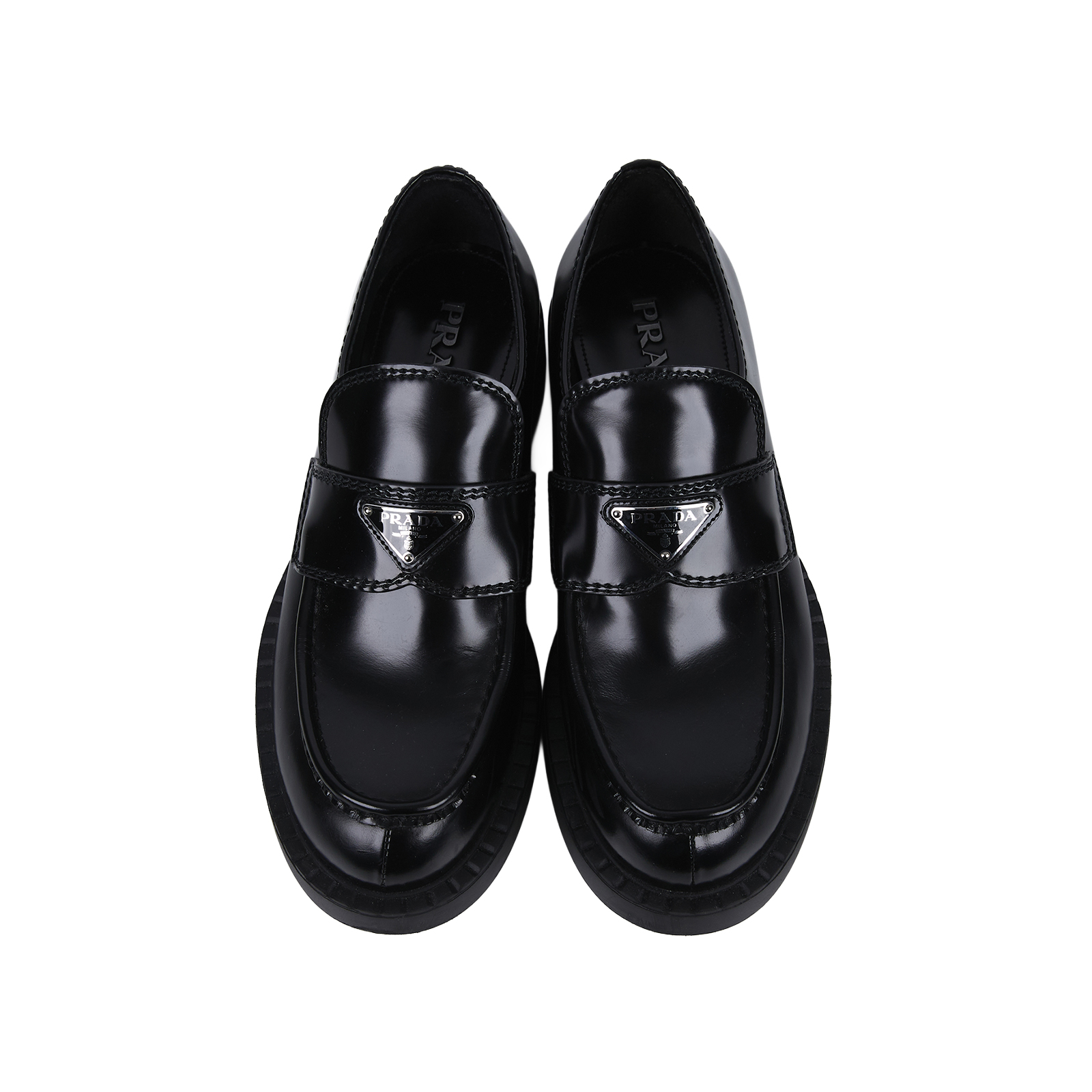 普拉達 PRADA Chocolate 拋光皮革 無帶便鞋 2DE127_055_425 黑LOGO鐵牌厚底樂福鞋 原廠盒子防塵袋