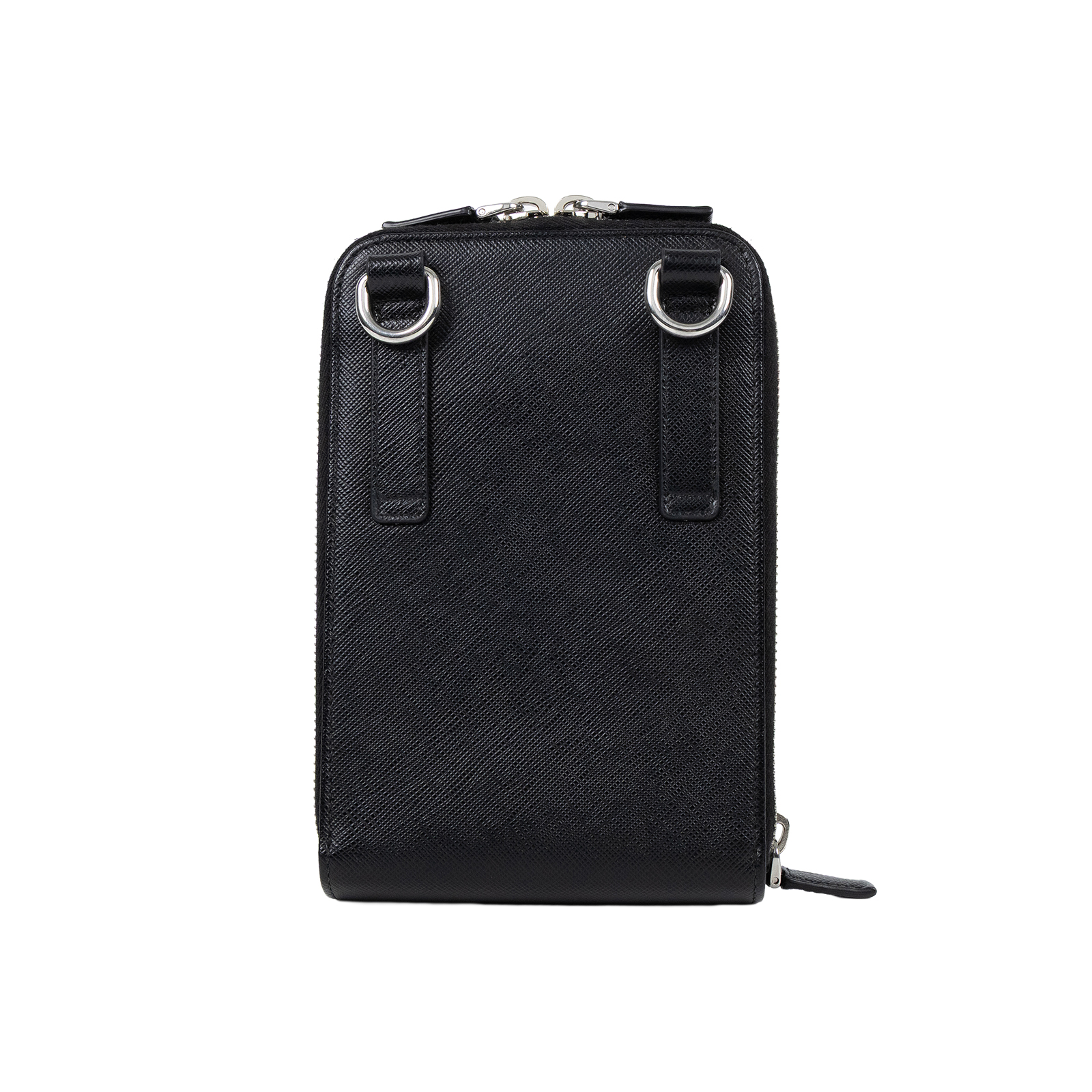 普拉達 PRADA Saffiano皮革 智能手機套 2ZH126_053 黑亮面皮革雙層肩背包 原廠盒子/保證卡