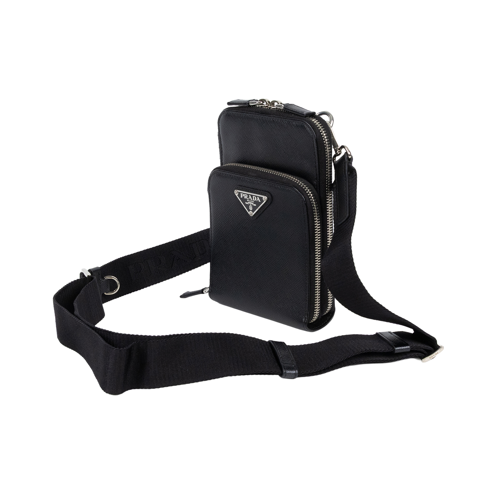 普拉達 PRADA Saffiano皮革 智能手機套 2ZH126_053 黑亮面皮革雙層肩背包 原廠盒子/保證卡