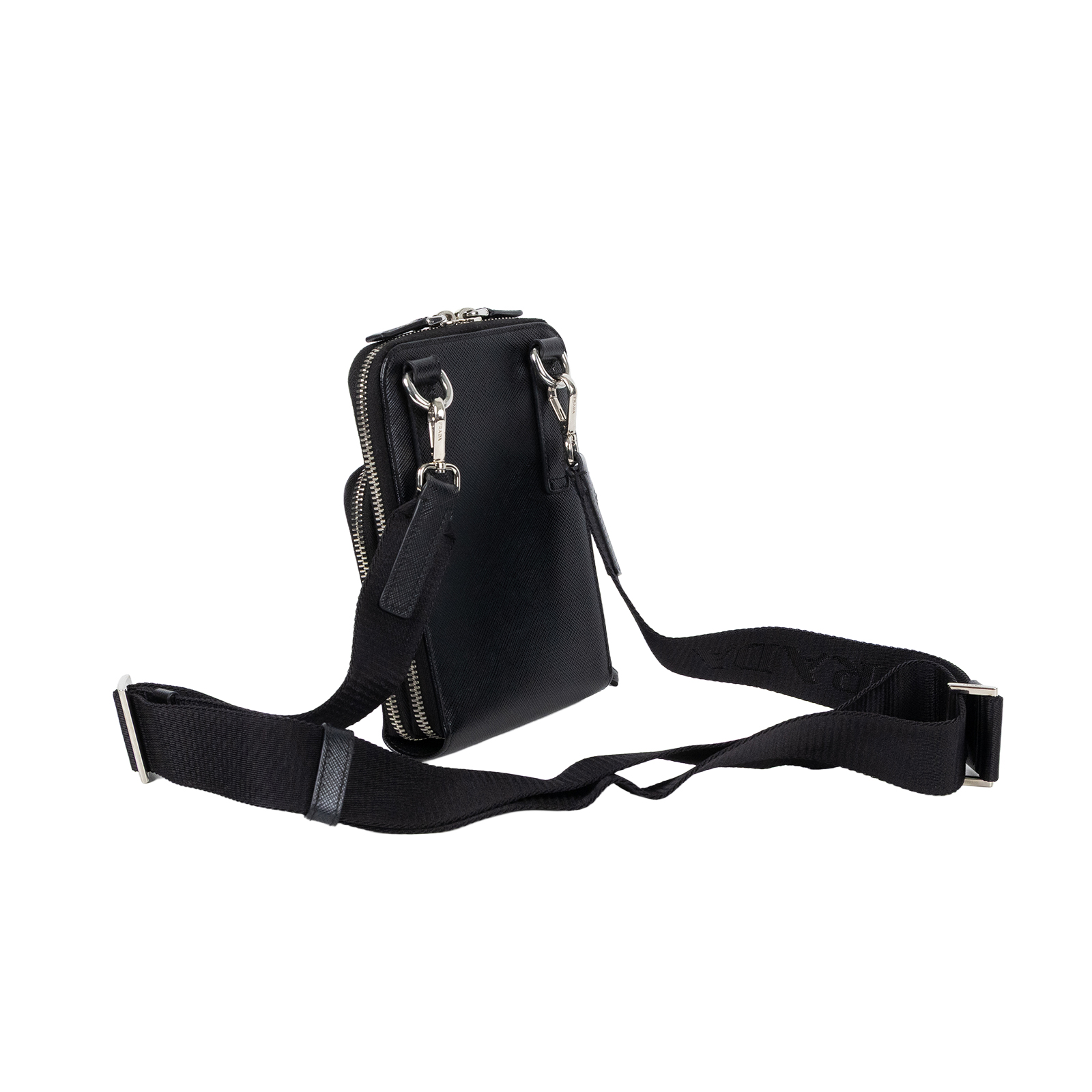 普拉達 PRADA Saffiano皮革 智能手機套 2ZH126_053 黑亮面皮革雙層肩背包 原廠盒子/保證卡