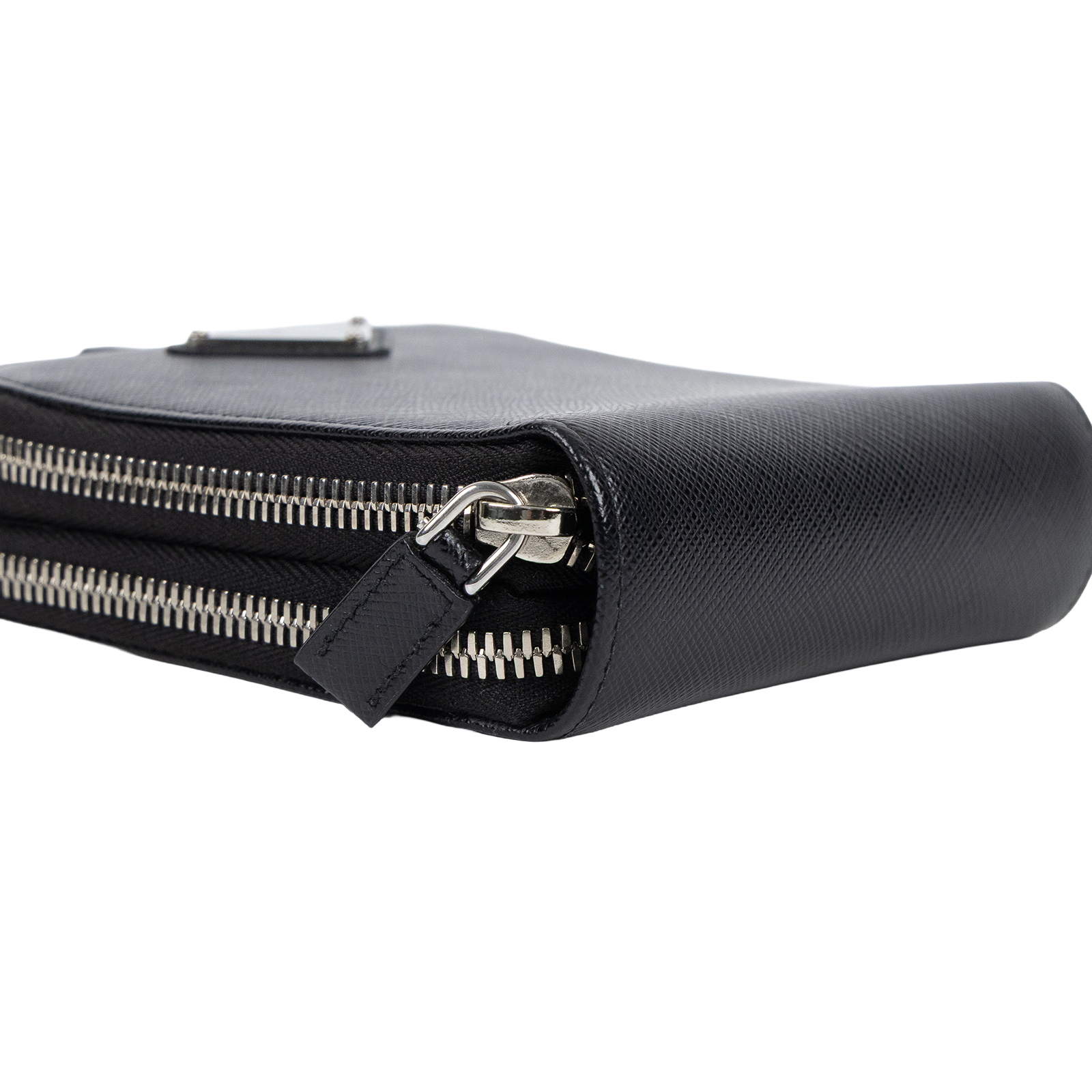 普拉達 PRADA Saffiano皮革 智能手機套 2ZH126_053 黑亮面皮革雙層肩背包 原廠盒子/保證卡