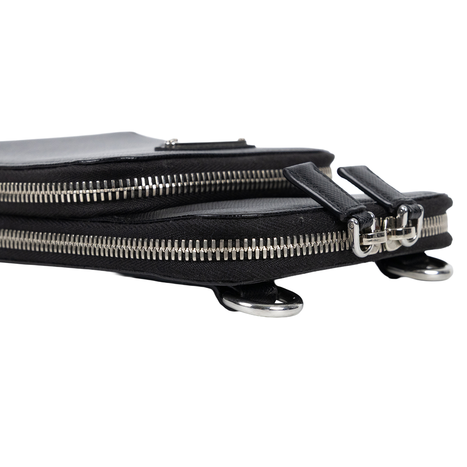 普拉達 PRADA Saffiano皮革 智能手機套 2ZH126_053 黑亮面皮革雙層肩背包 原廠盒子/保證卡