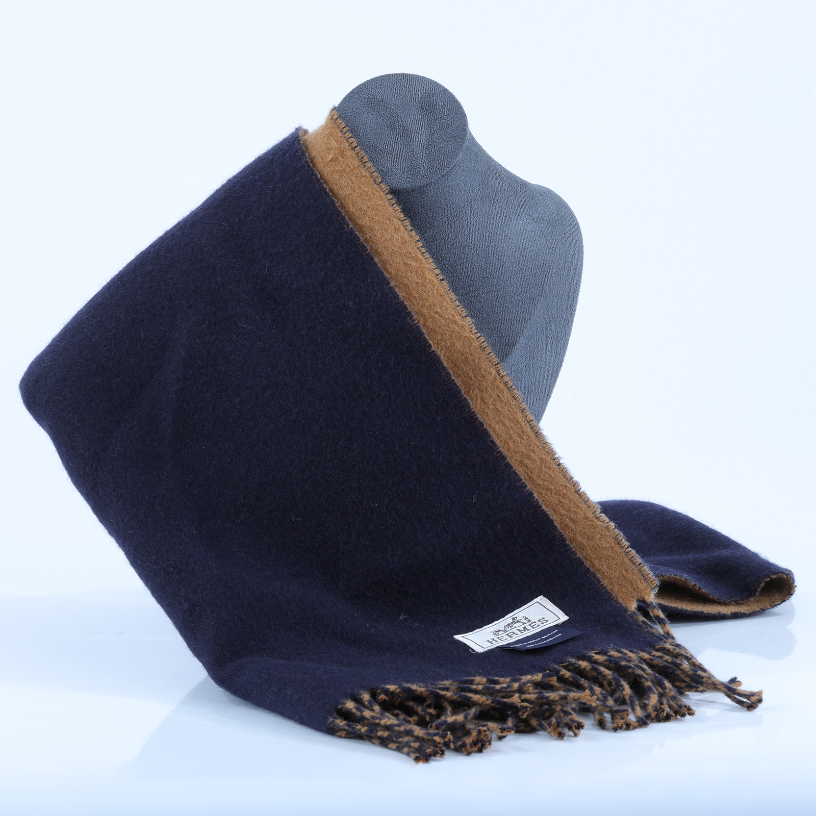 愛馬仕 Hermes 喀什米爾羊毛 圍巾   深藍咖啡羊毛圍巾 無附屬品