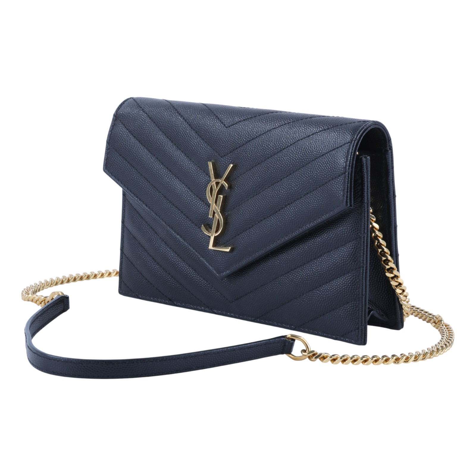 聖羅蘭 YSL SAINT LAURENT 山形紋 鏈袋 信封包 金扣 393953BOW01 黑金魚子醬WOC 原廠盒子/防塵袋
