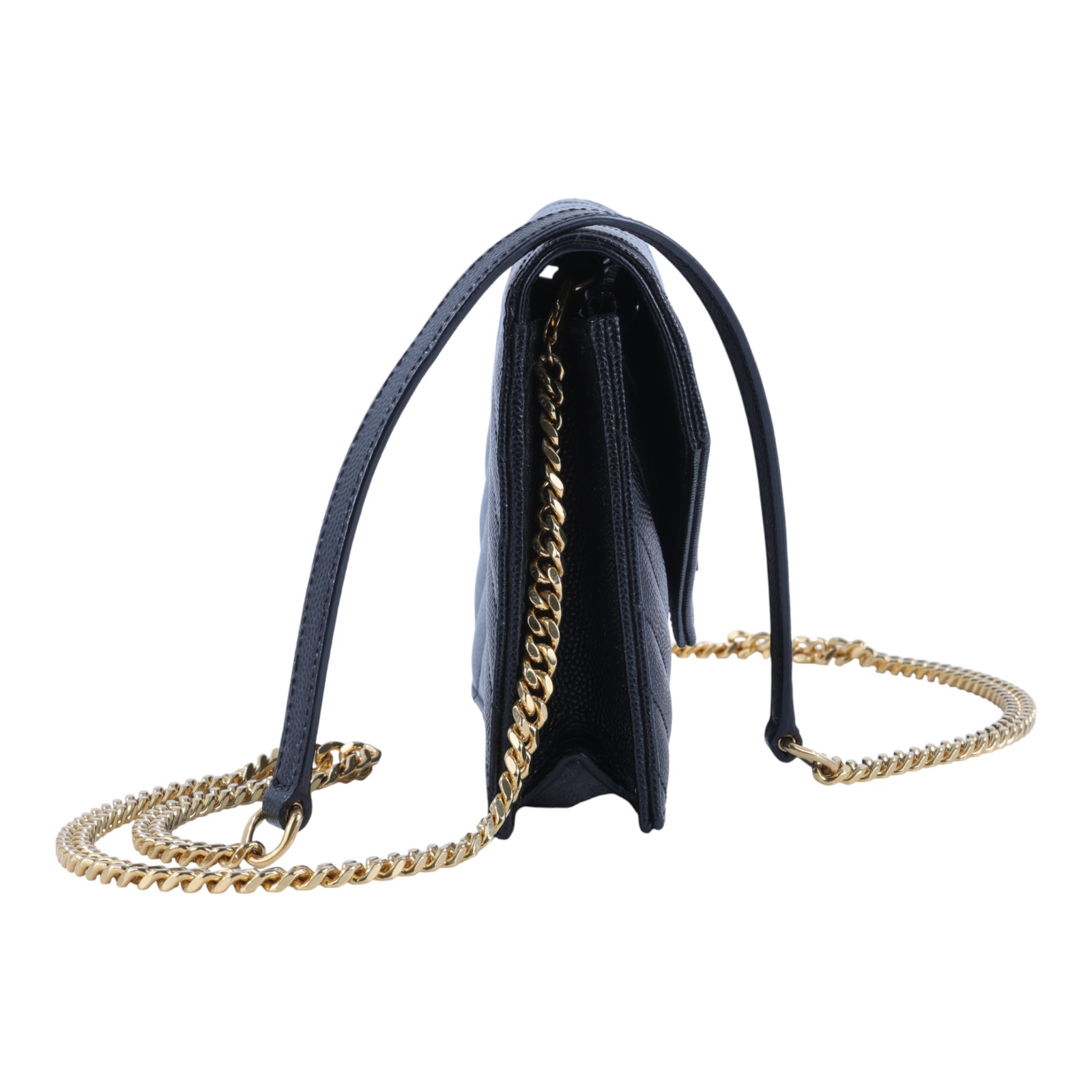 聖羅蘭 YSL SAINT LAURENT 山形紋 鏈袋 信封包 金扣 393953BOW01 黑金魚子醬WOC 原廠盒子/防塵袋