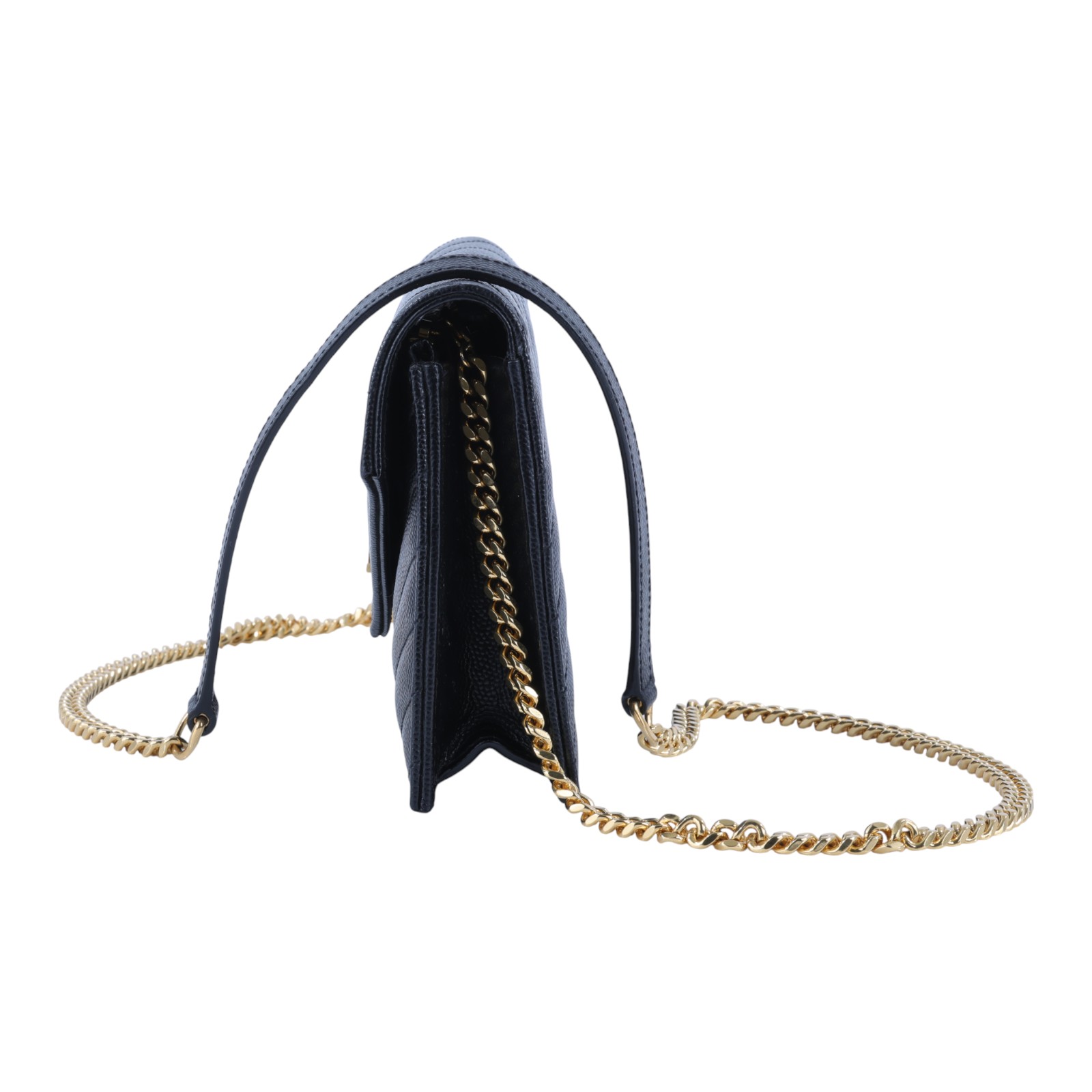 聖羅蘭 YSL SAINT LAURENT 山形紋 鏈袋 信封包 金扣 393953BOW01 黑金魚子醬WOC 原廠盒子/防塵袋