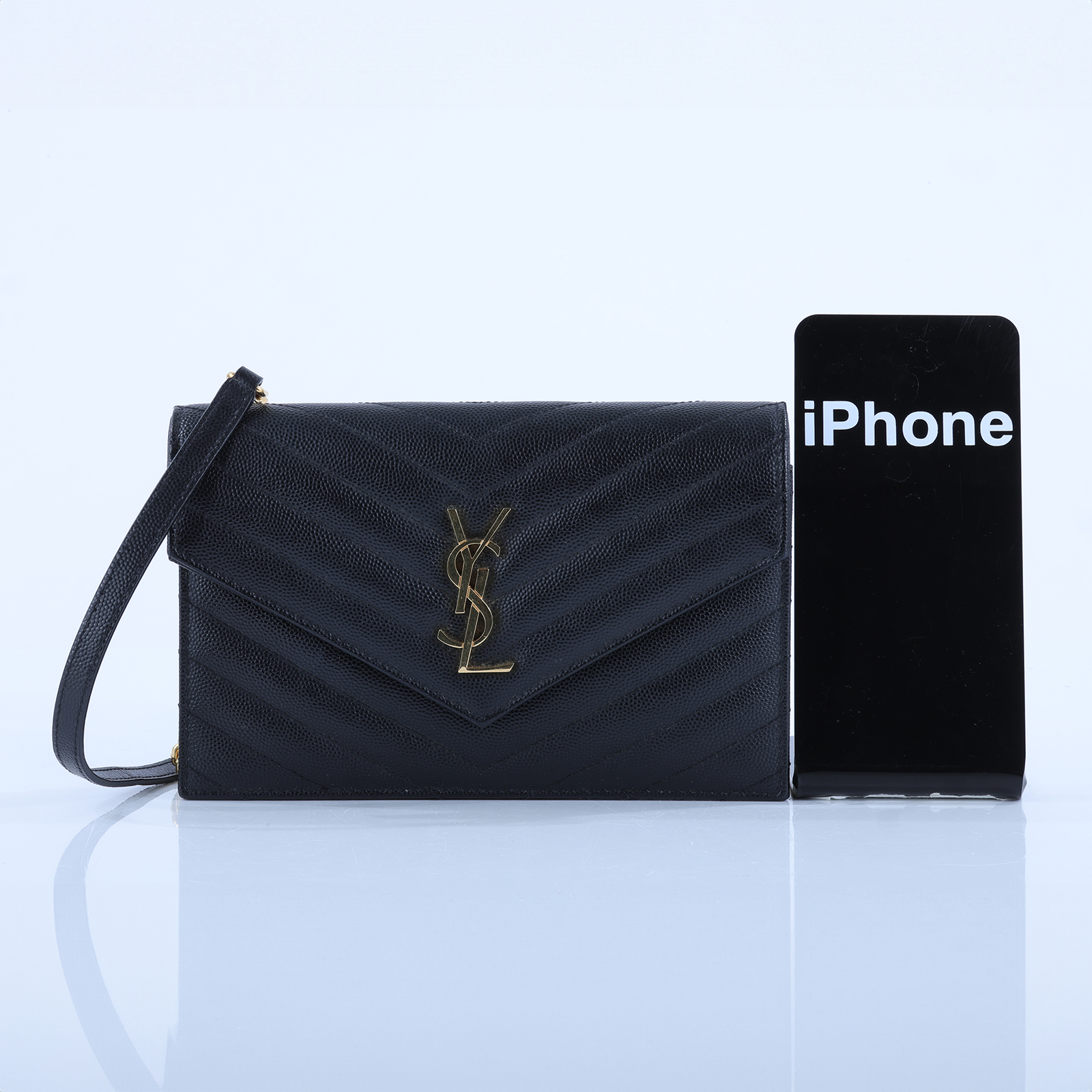 聖羅蘭 YSL SAINT LAURENT 山形紋 鏈袋 信封包 金扣 393953BOW01 黑金魚子醬WOC 原廠盒子/防塵袋