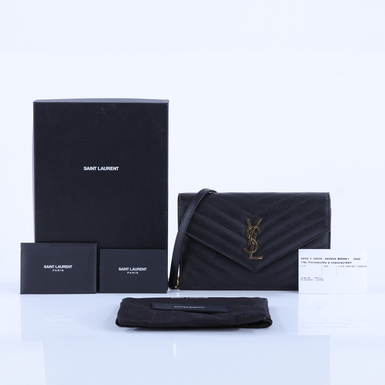 聖羅蘭 YSL SAINT LAURENT 山形紋 鏈袋 信封包 金扣 393953BOW01 黑金魚子醬WOC 原廠盒子/防塵袋