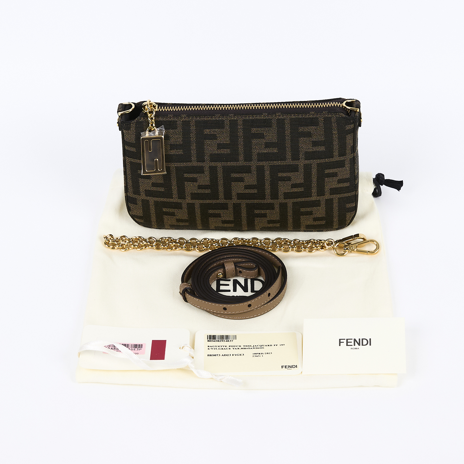 芬迪 FENDI Baguette FF布料 飾鏈 手拿包 8BS073AD23 帆布FF麻將包 防塵袋