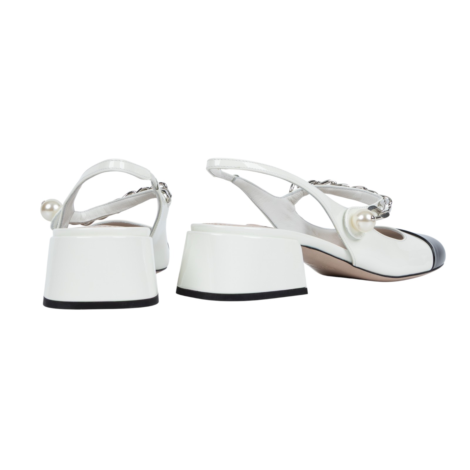 繆繆 MIU MIU 漆皮 後飾帶 跟鞋 5I460D_ZHV_38 黑白漆皮珍珠娃娃鞋 原廠盒子/防塵袋