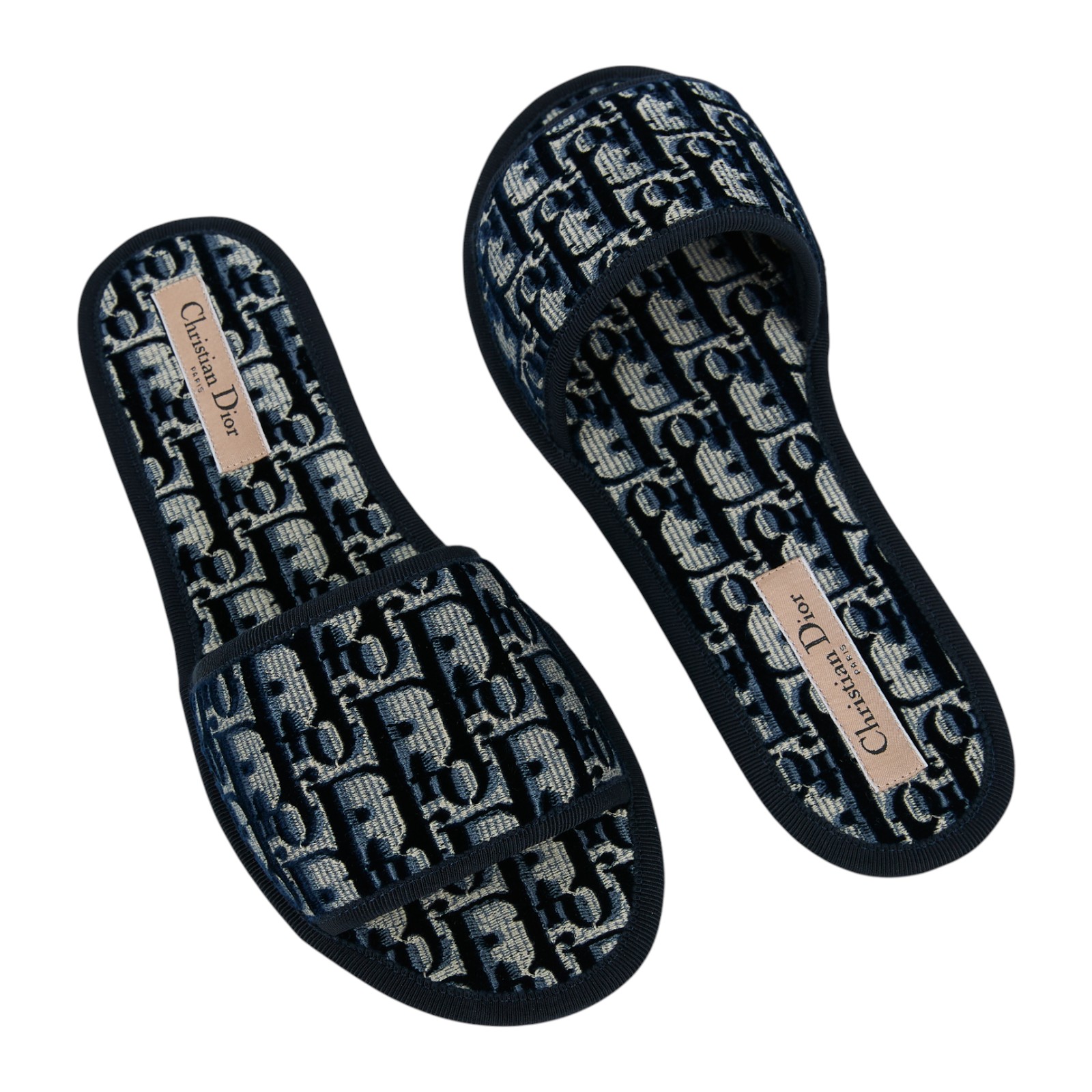 迪奧 CHRISTIAN DIOR Chez Moi 拖鞋 KCQ491OBE_38 深藍帆布絲絨拖鞋 原廠盒子/防塵袋