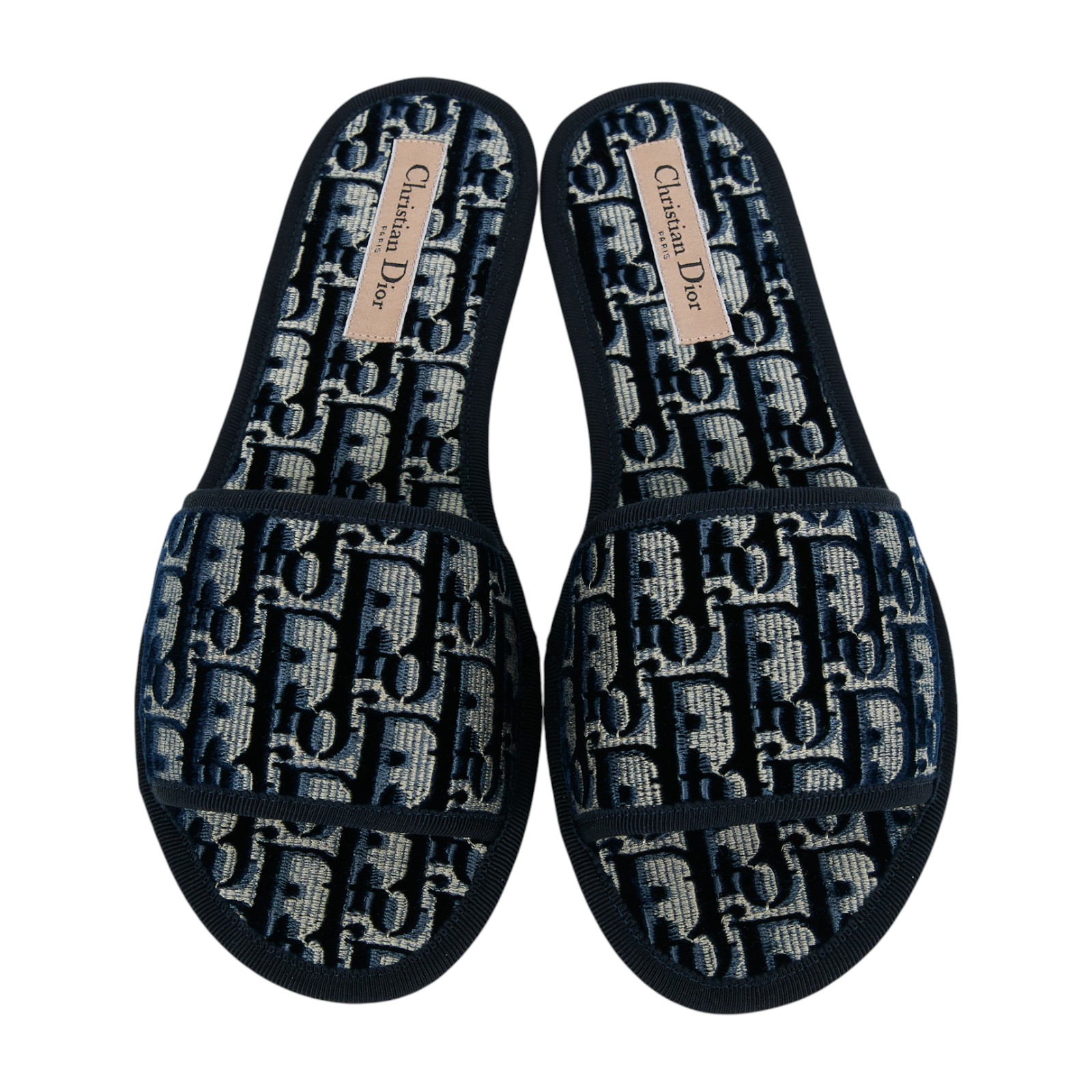 迪奧 CHRISTIAN DIOR Chez Moi 拖鞋 KCQ491OBE_38 深藍帆布絲絨拖鞋 原廠盒子/防塵袋