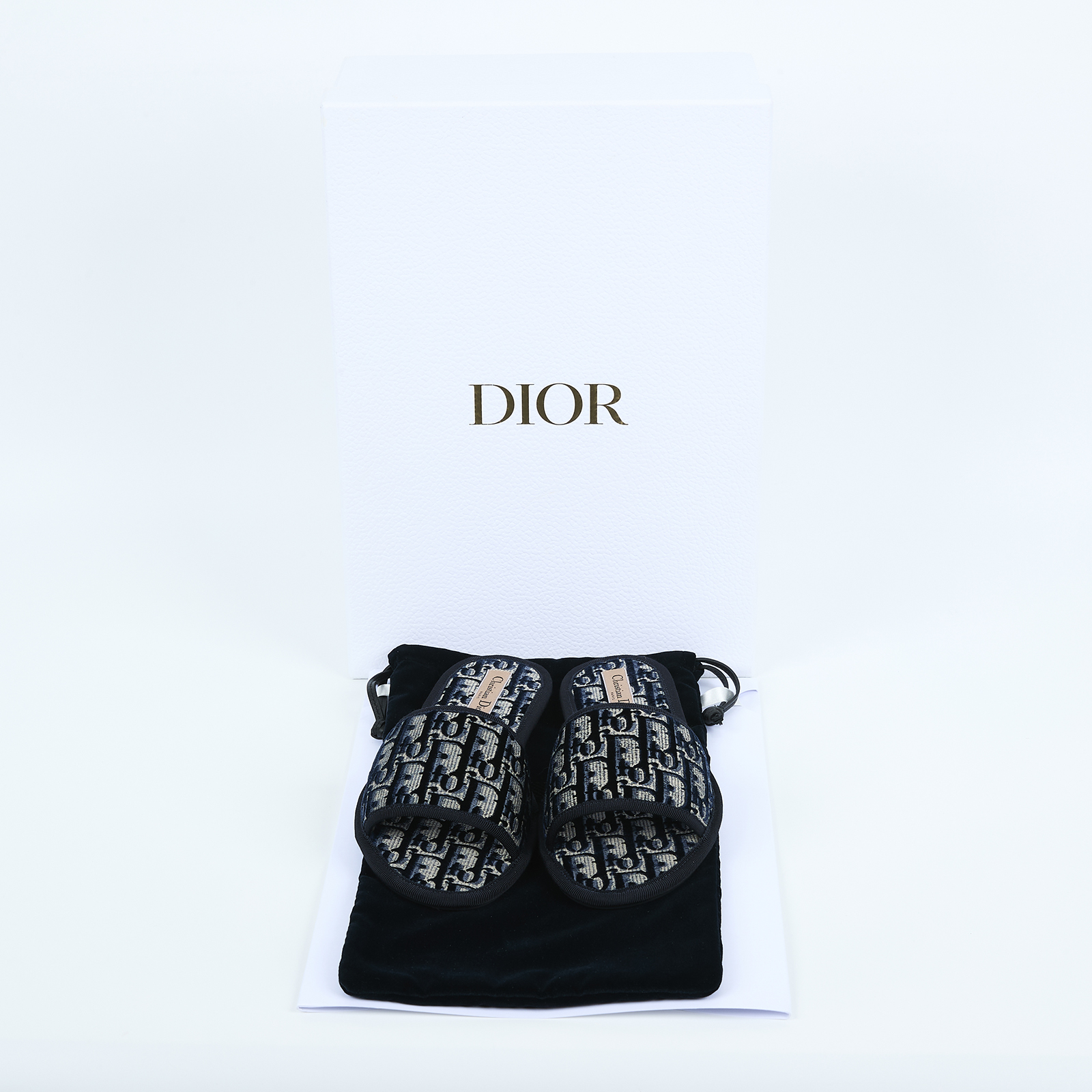 迪奧 CHRISTIAN DIOR Chez Moi 拖鞋 KCQ491OBE_38 深藍帆布絲絨拖鞋 原廠盒子/防塵袋