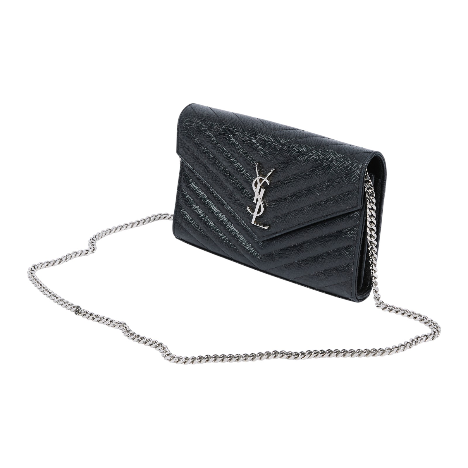 聖羅蘭 YSL SAINT LAURENT Cassandre 經典粒面皮革 鏈條 錢包 銀色五金 377828BOW02 黑銀魚子醬WOC 防塵袋/原廠盒子