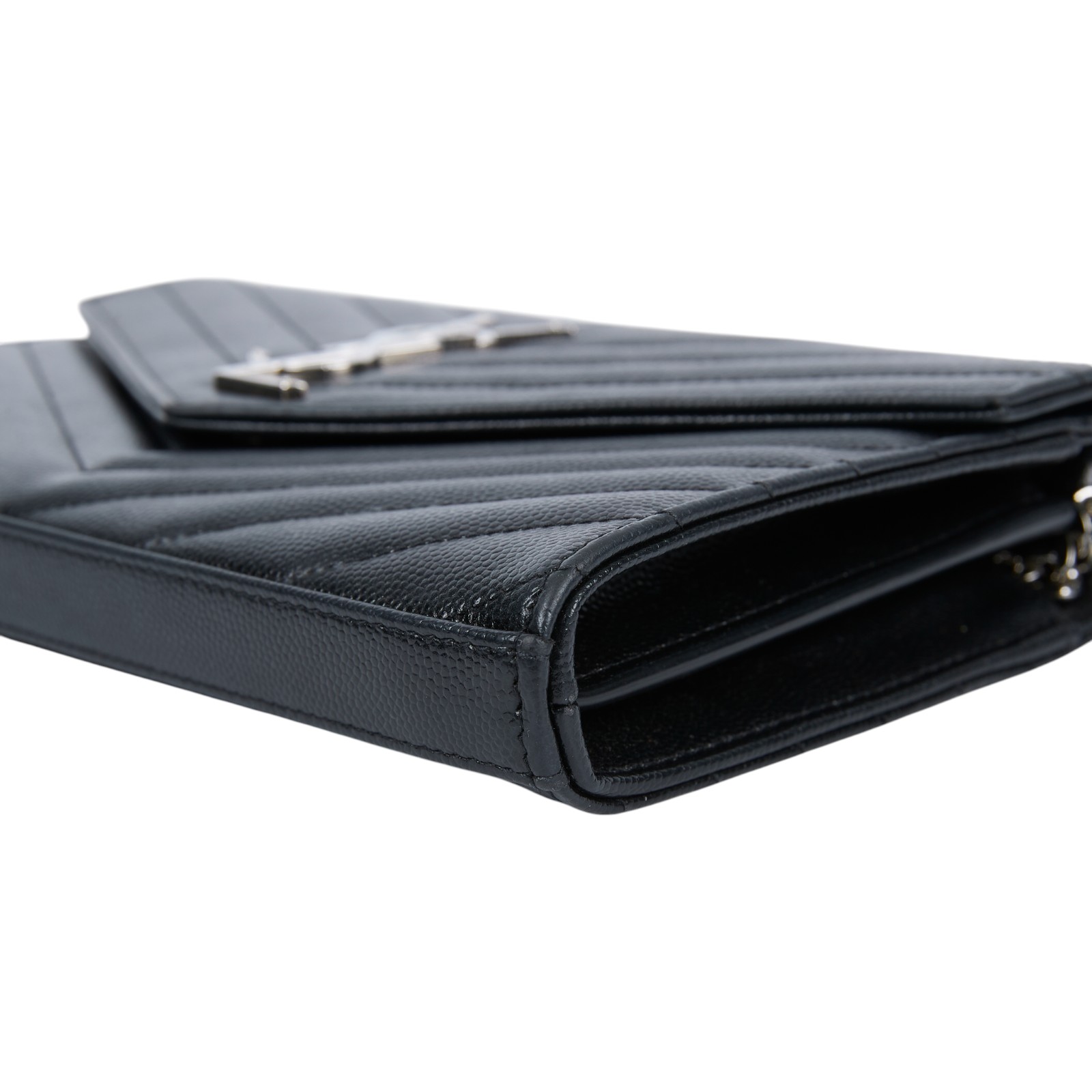 聖羅蘭 YSL SAINT LAURENT Cassandre 經典粒面皮革 鏈條 錢包 銀色五金 377828BOW02 黑銀魚子醬WOC 防塵袋/原廠盒子