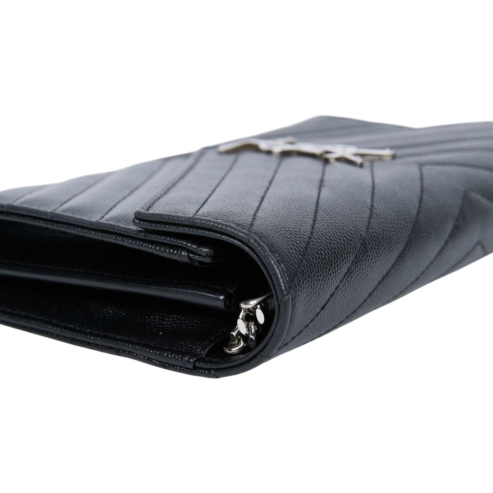 聖羅蘭 YSL SAINT LAURENT Cassandre 經典粒面皮革 鏈條 錢包 銀色五金 377828BOW02 黑銀魚子醬WOC 防塵袋/原廠盒子