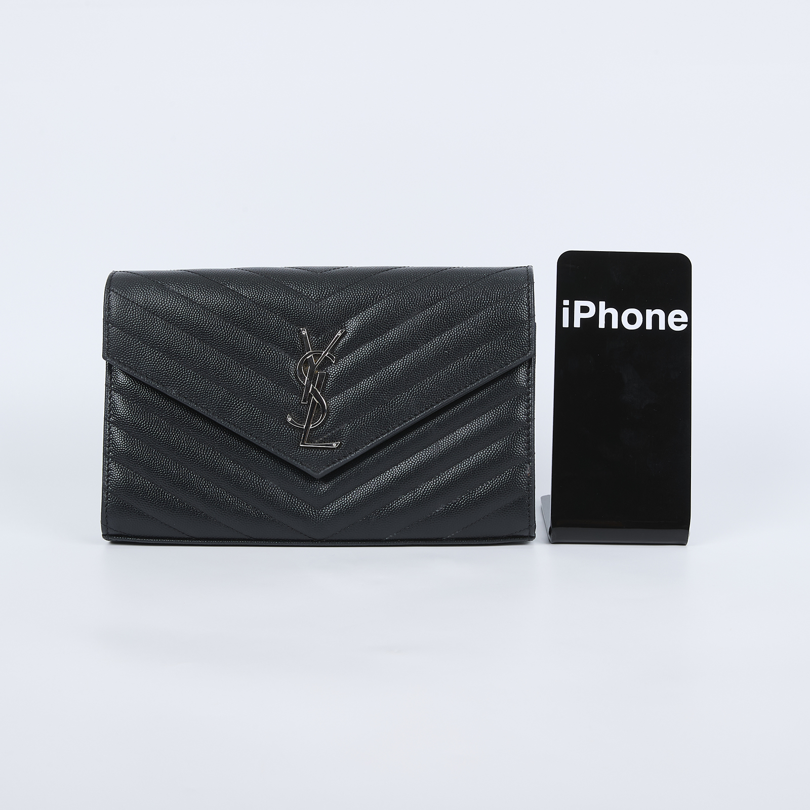 聖羅蘭 YSL SAINT LAURENT Cassandre 經典粒面皮革 鏈條 錢包 銀色五金 377828BOW02 黑銀魚子醬WOC 防塵袋/原廠盒子