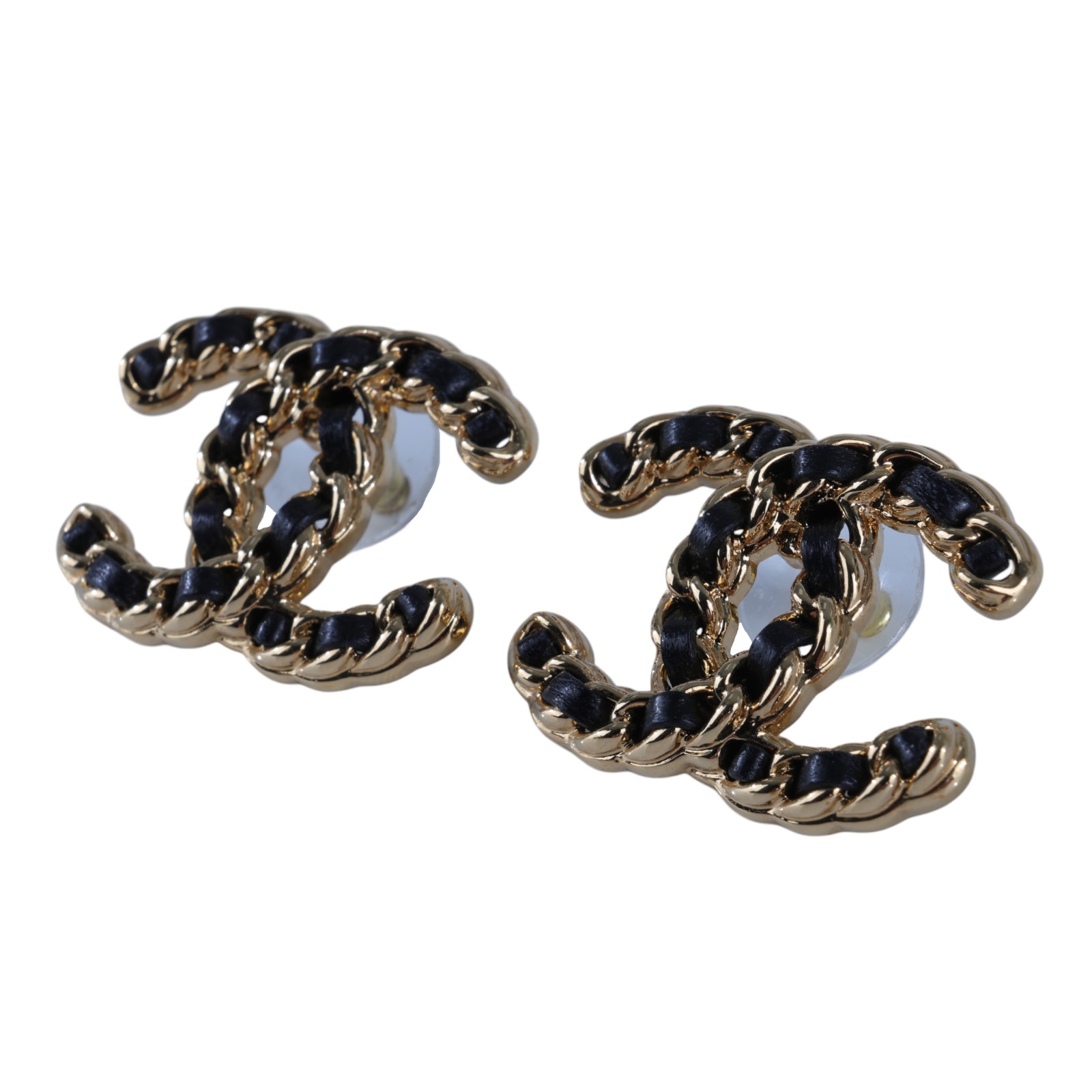 香奈兒 CHANEL CC LOGO 耳環 耳釘 B24 K 金黑皮穿鍊雙C耳環 無附屬品