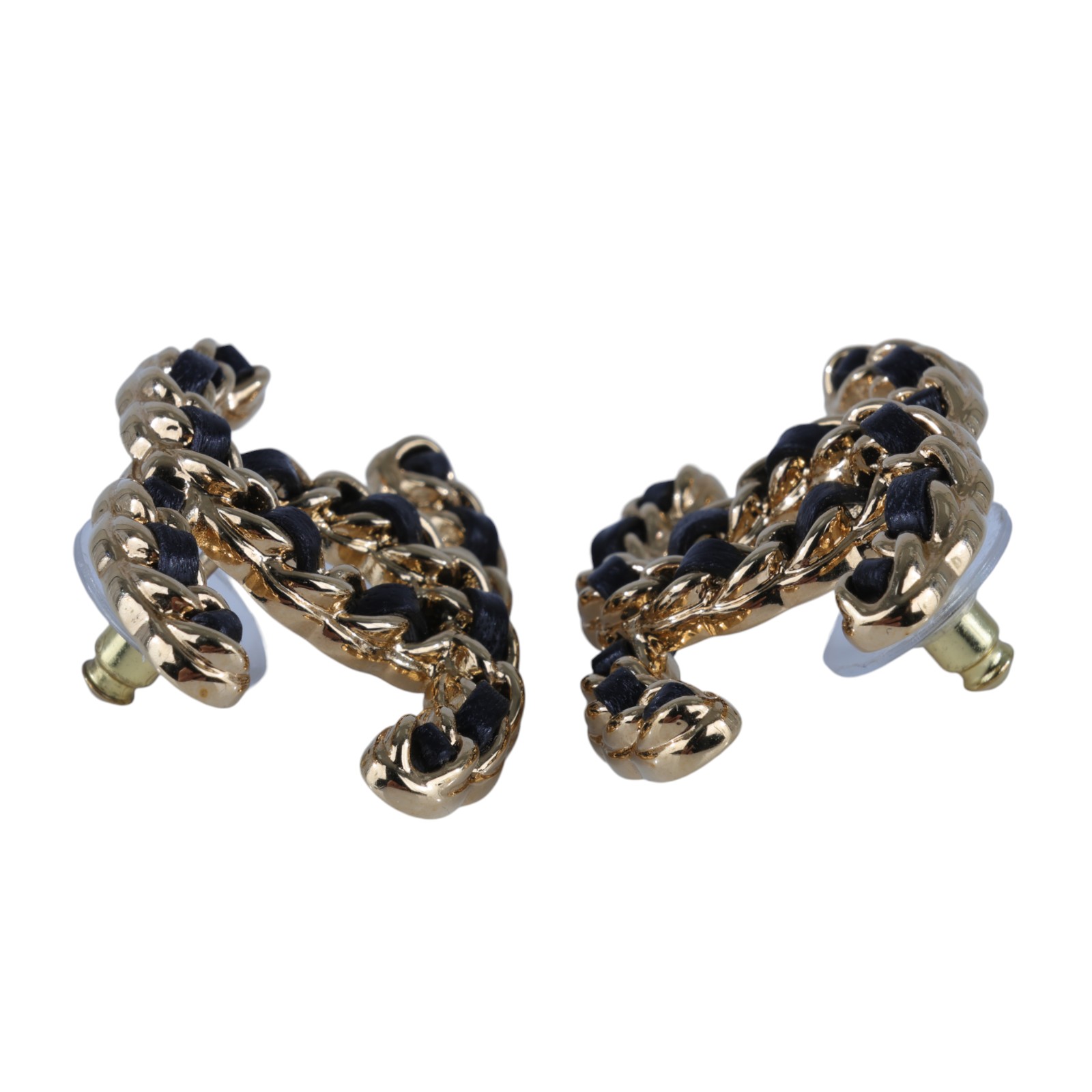 香奈兒 CHANEL CC LOGO 耳環 耳釘 B24 K 金黑皮穿鍊雙C耳環 無附屬品