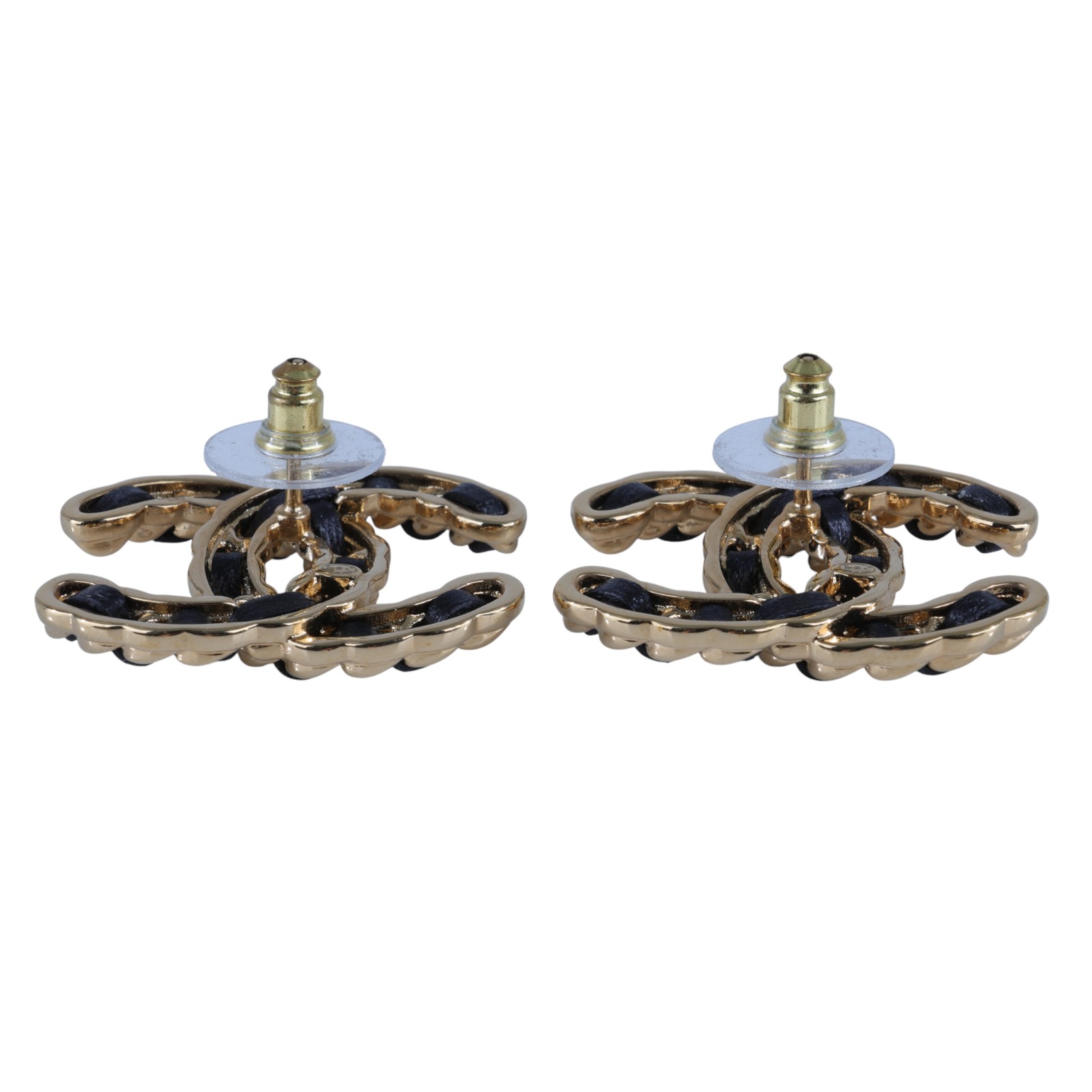 香奈兒 CHANEL CC LOGO 耳環 耳釘 B24 K 金黑皮穿鍊雙C耳環 無附屬品